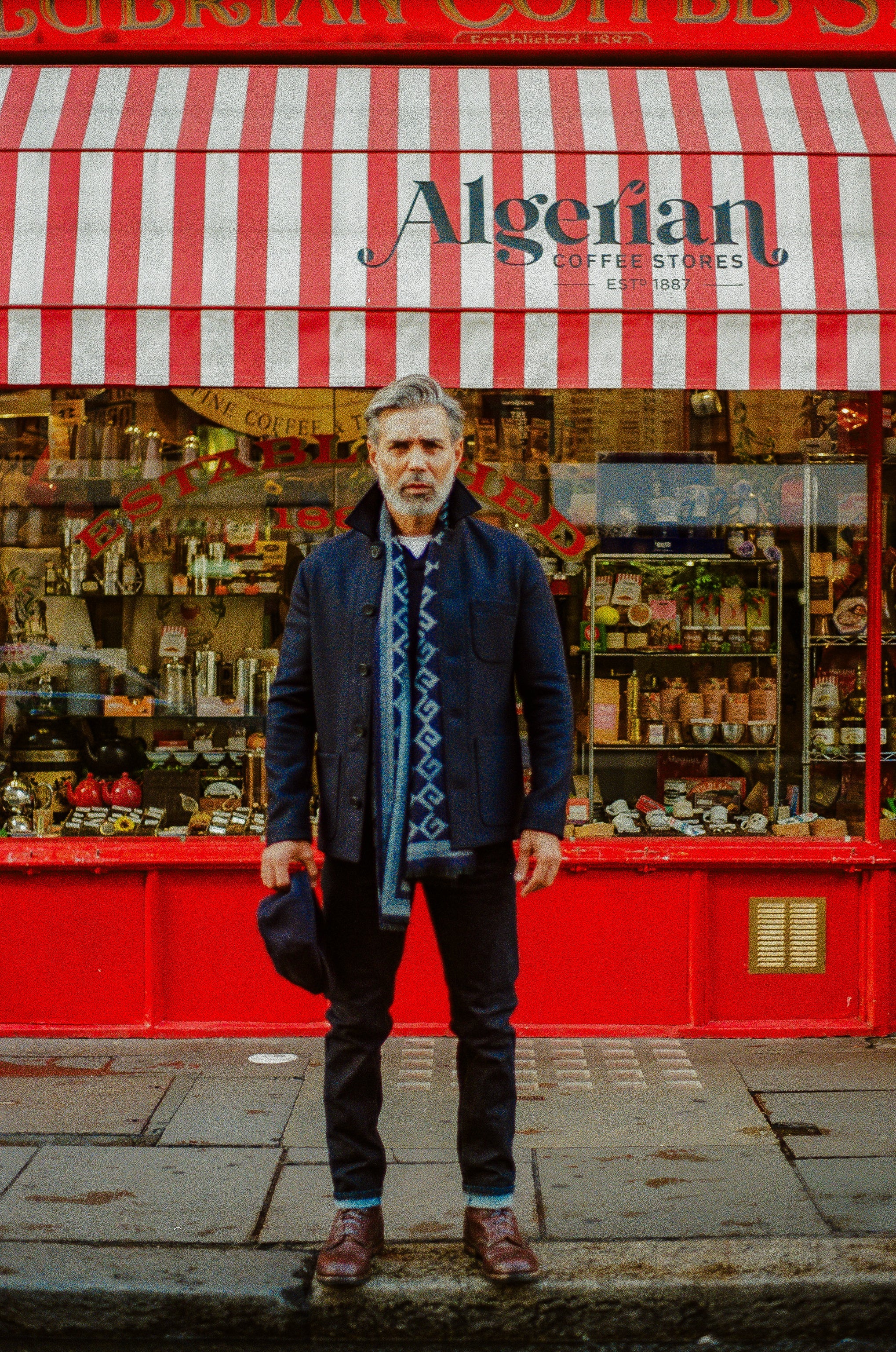 Scarf - Geo Stripe Border Navy Ecru - Wear London