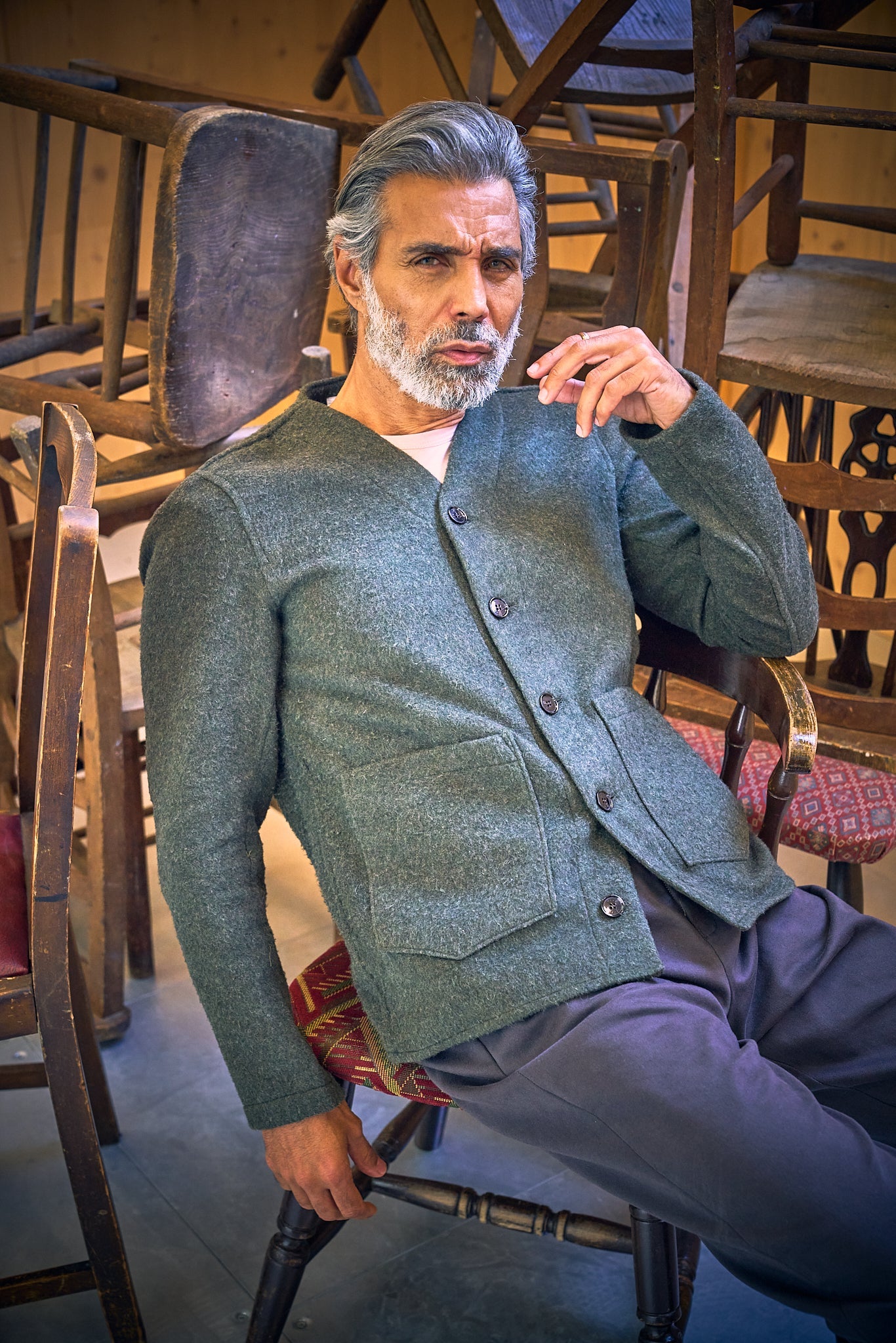 Fleming V-Neck Shacket - Olive Casentino Wool - Wear London