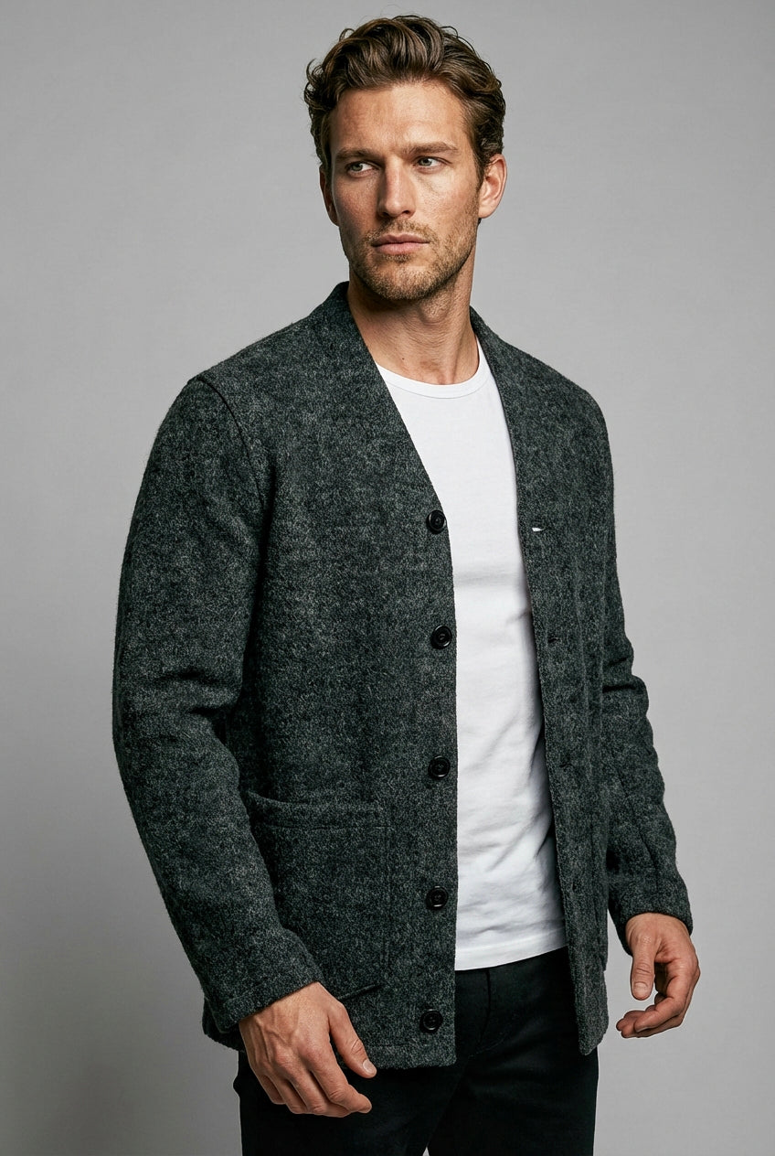 Fleming V-Neck Shacket - Charcoal Boiled Wool - Wear London