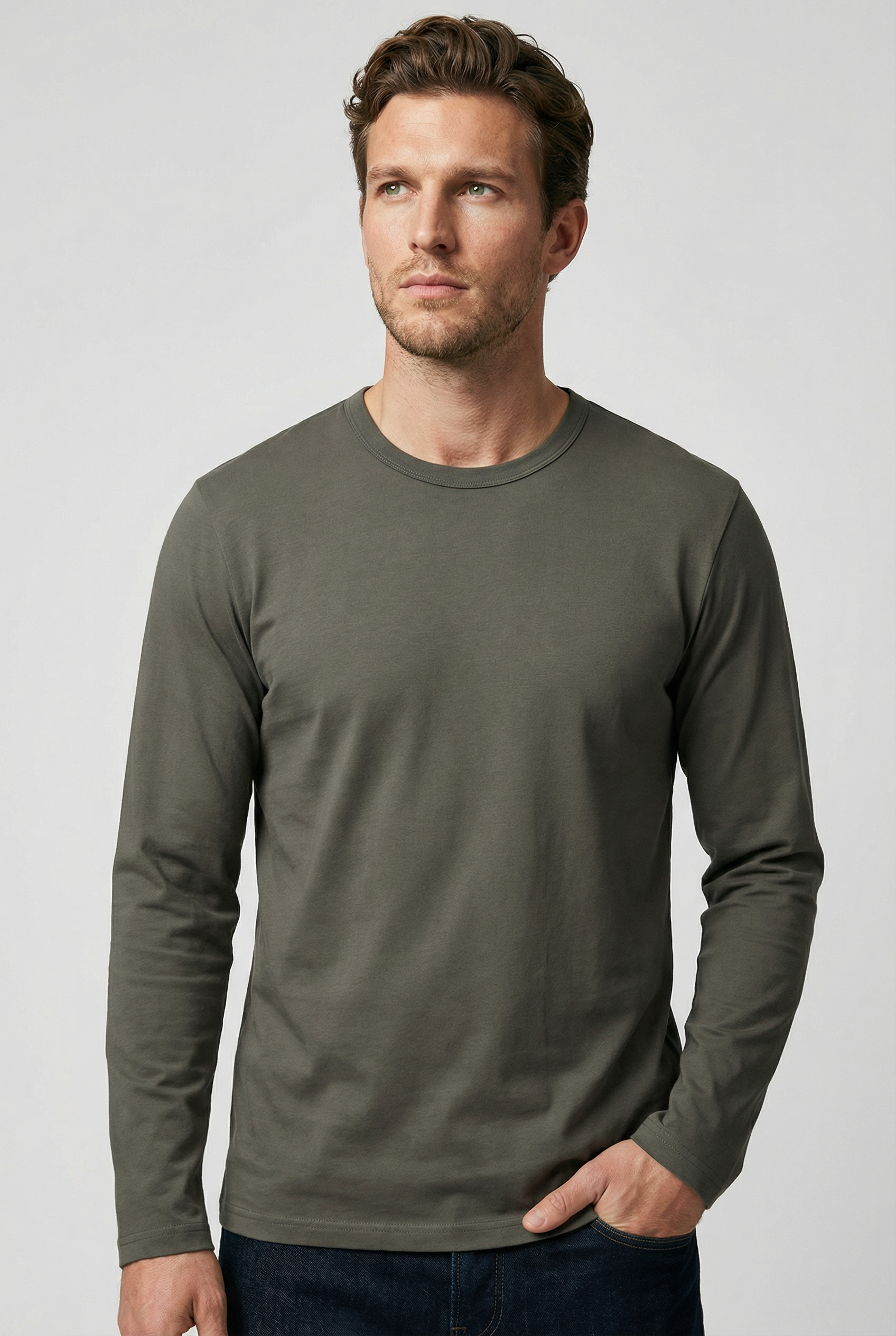 Bevis Long Sleeve Cotton T-shirt - Olive - Wear London