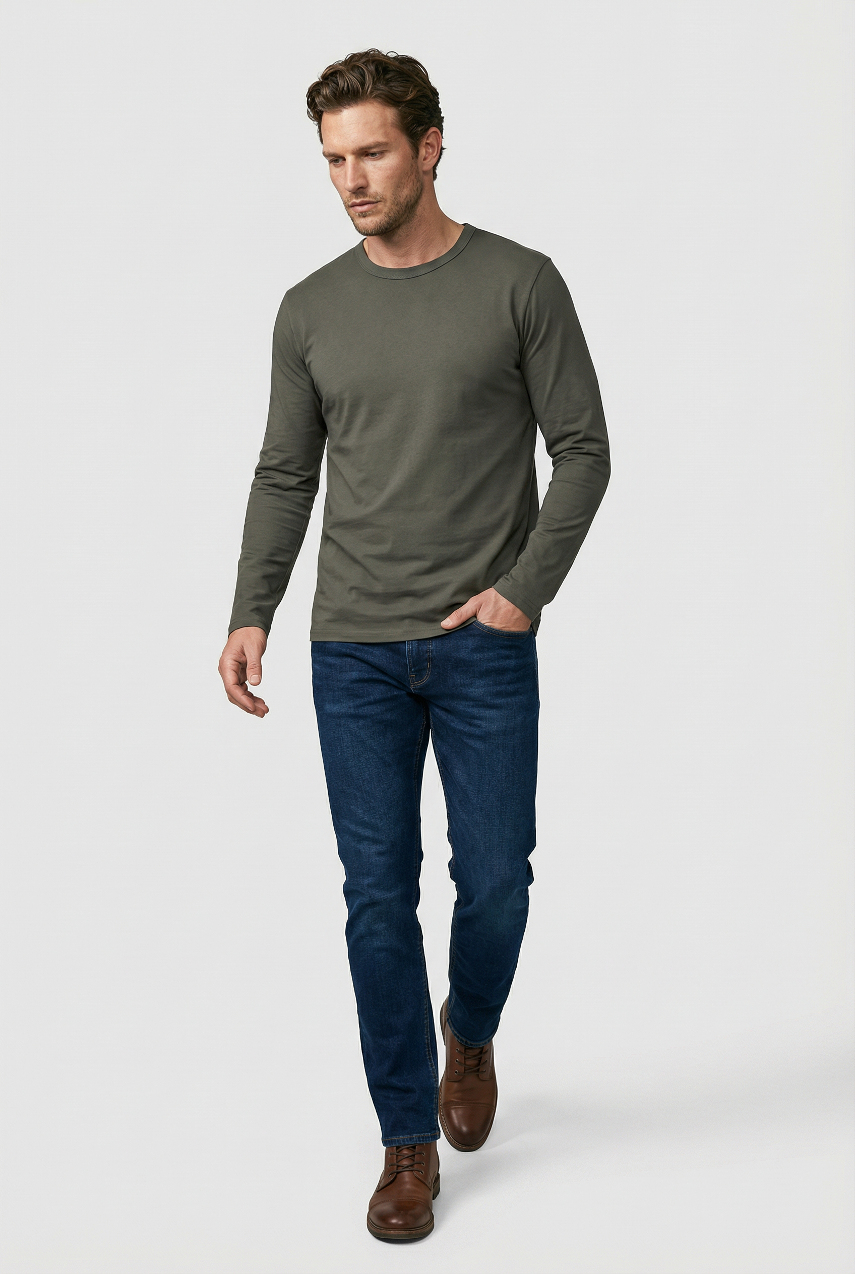 Bevis Long Sleeve Cotton T-shirt - Olive - Wear London