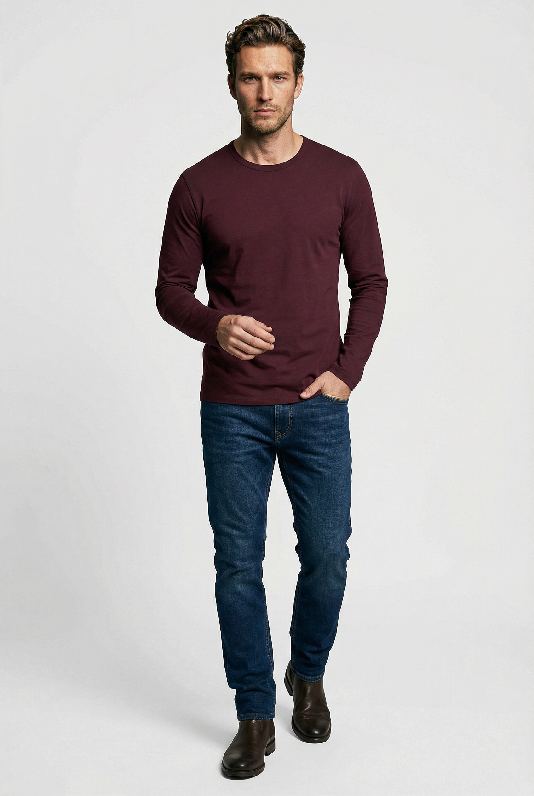 Bevis Long Sleeve Cotton T-shirt - Burgundy - Wear London