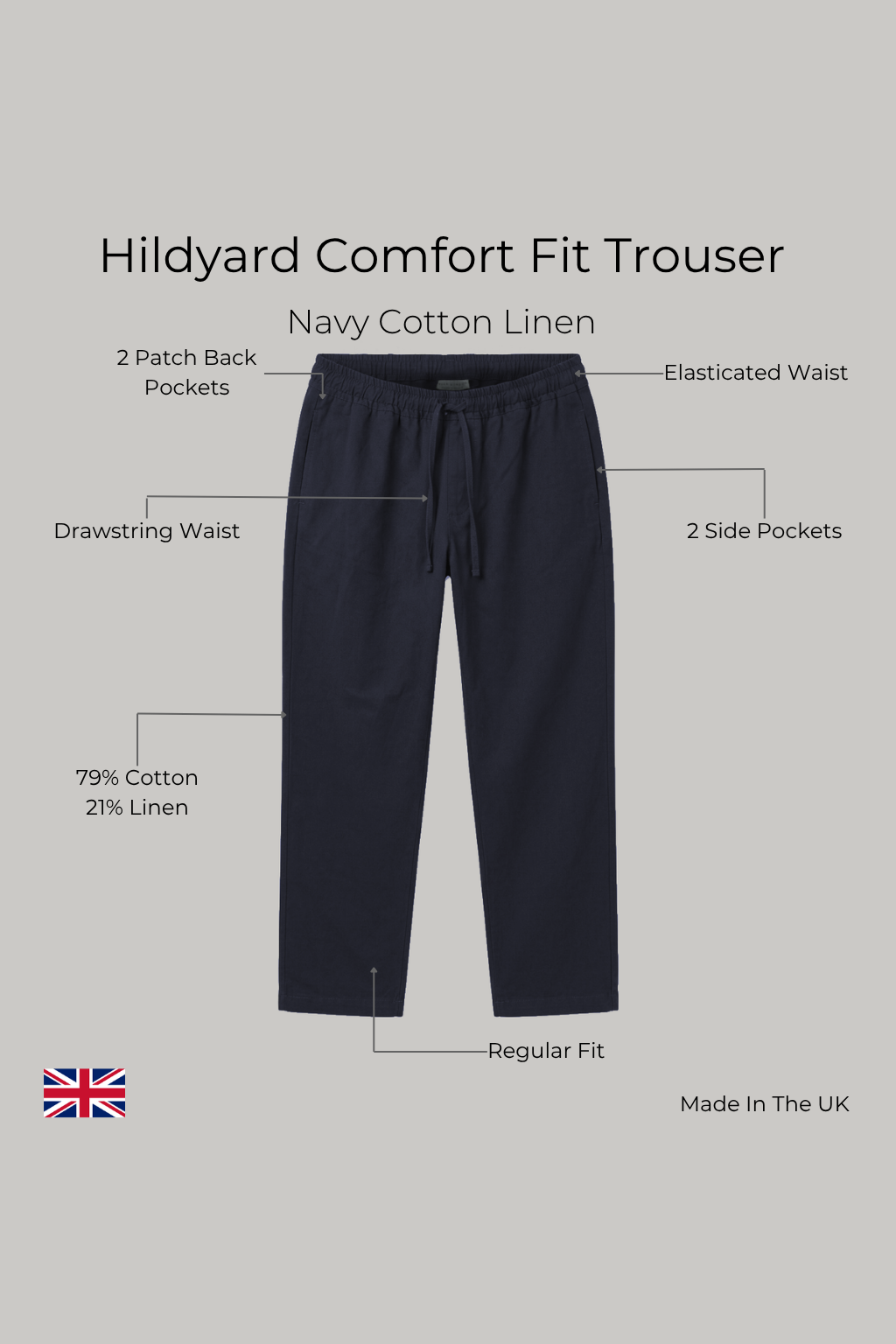 Hildyard Comfort Fit Trouser – Navy Cotton Linen - Wear London