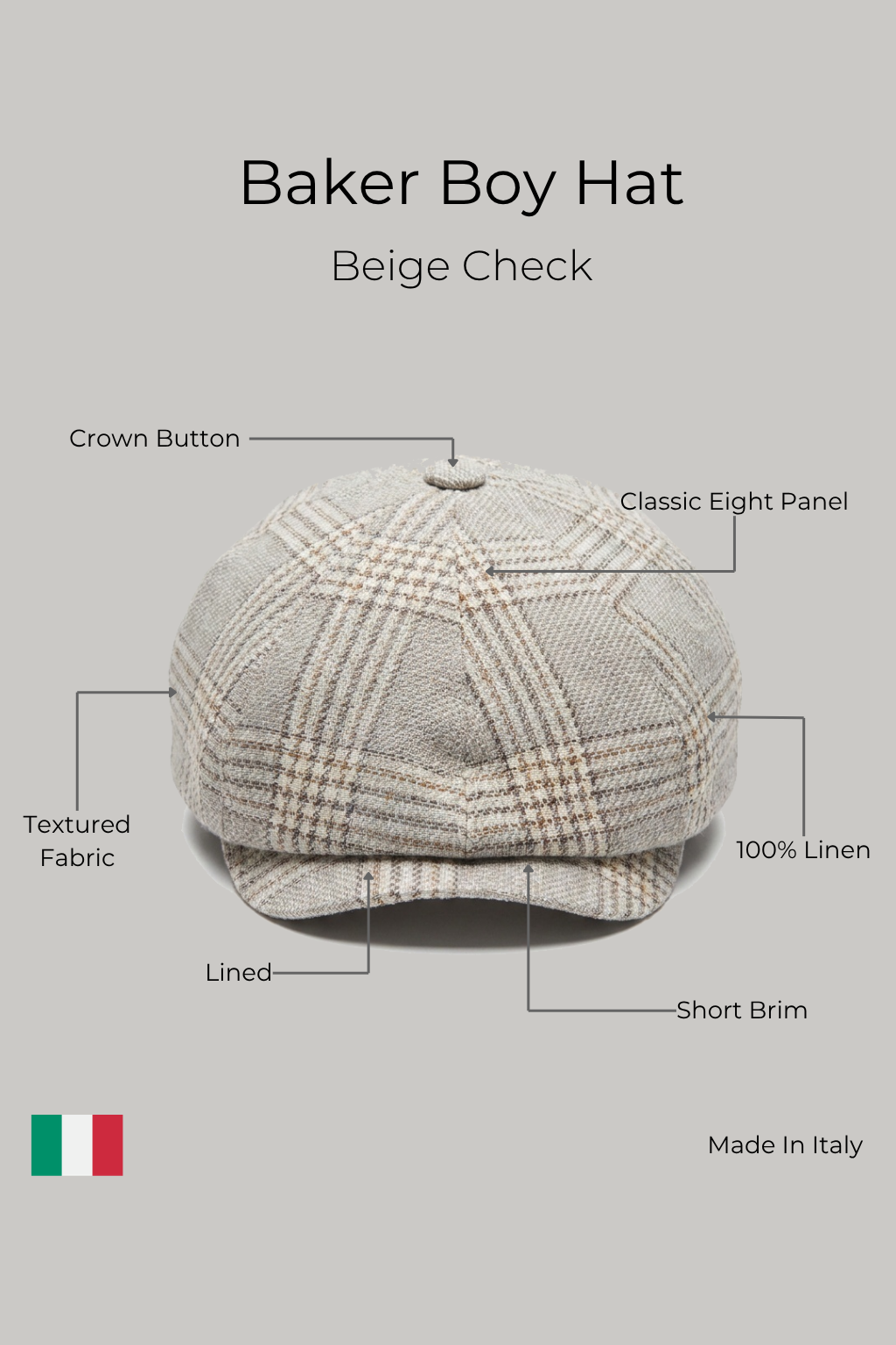 Baker Boy Hat - Beige Check - Wear London