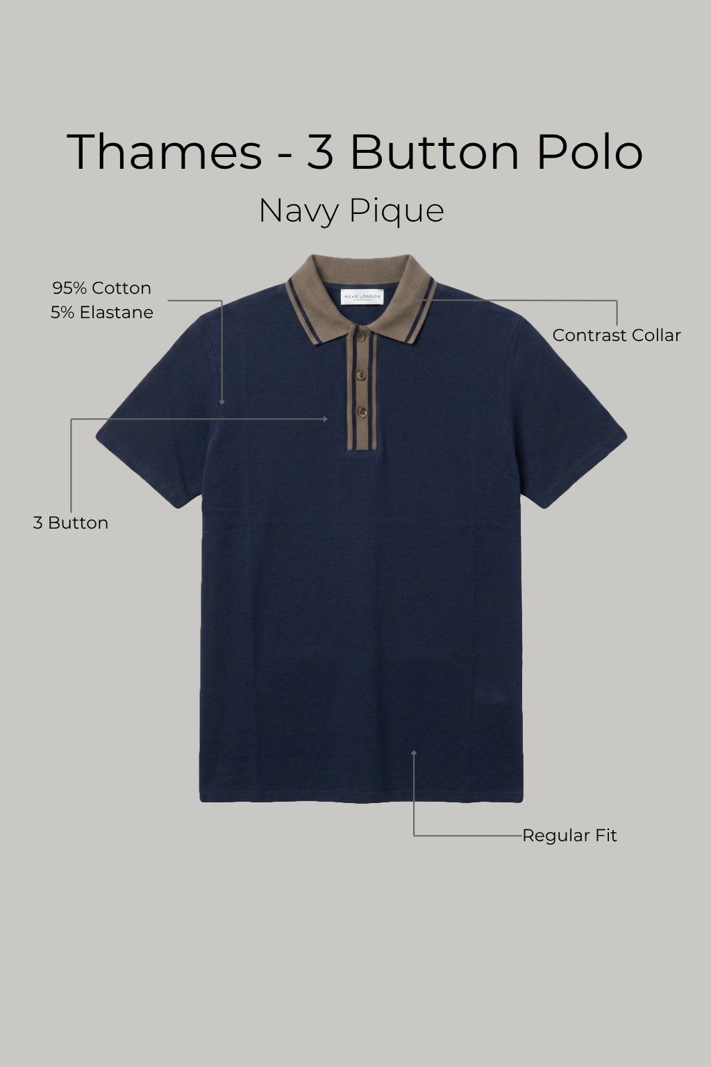 Thames - 3 Button Polo - Navy Pique - Wear London