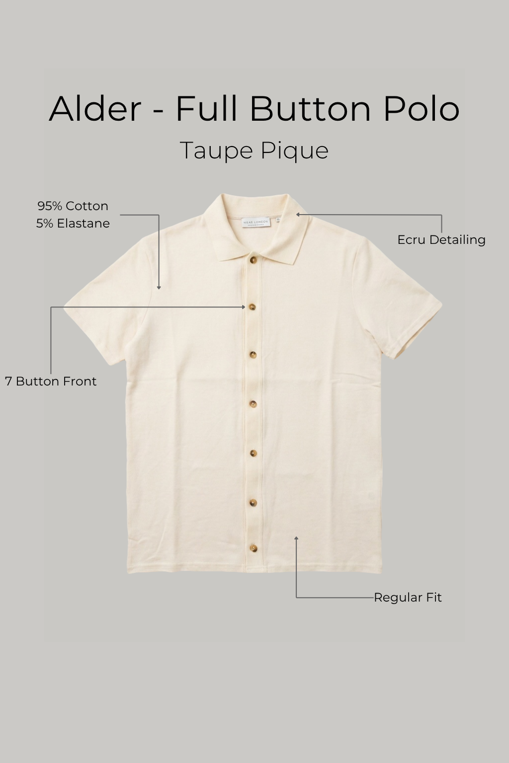 Alder - Full Button Polo - Taupe Pique - Wear London