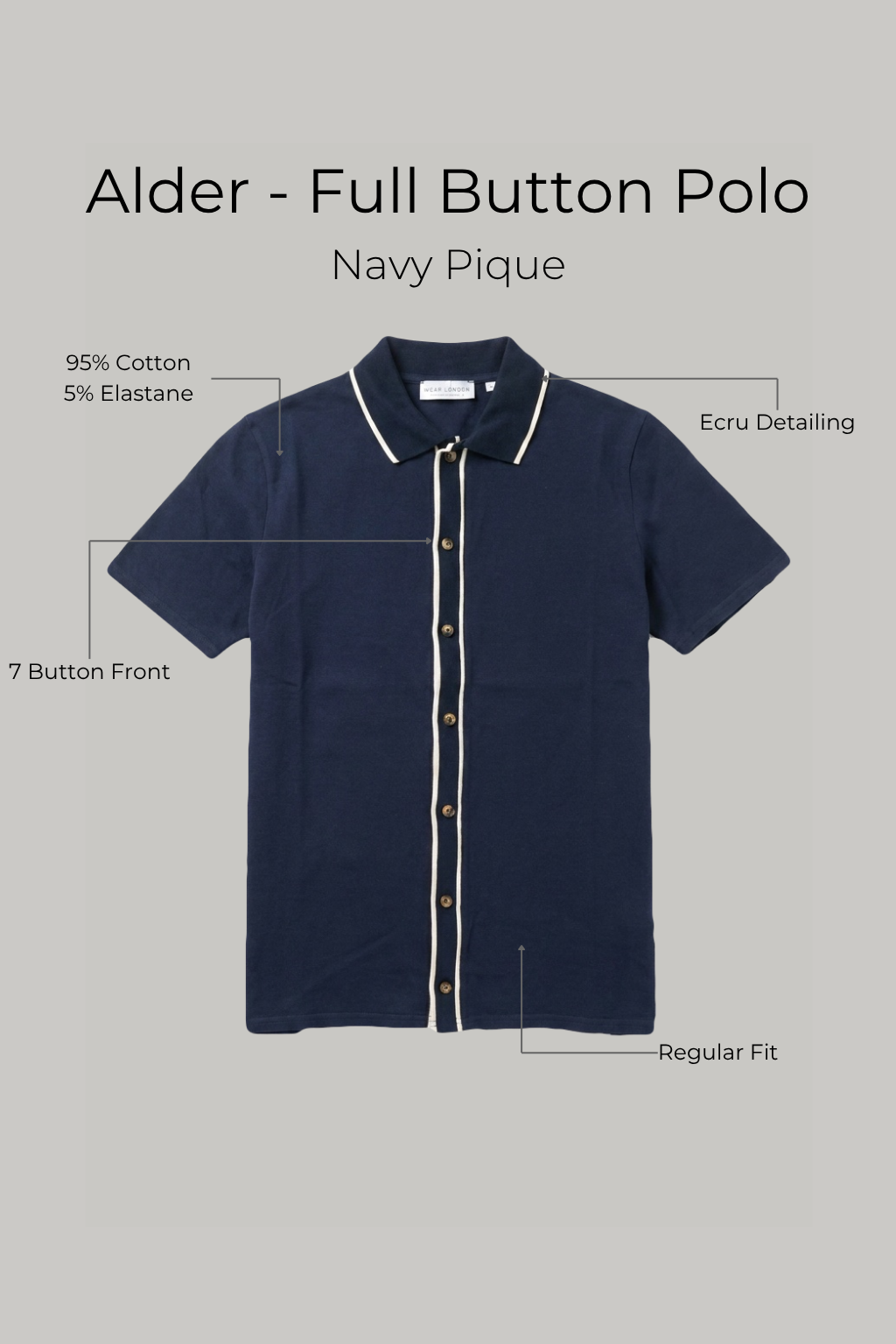 Alder - Full Button Polo - Navy Pique - Wear London