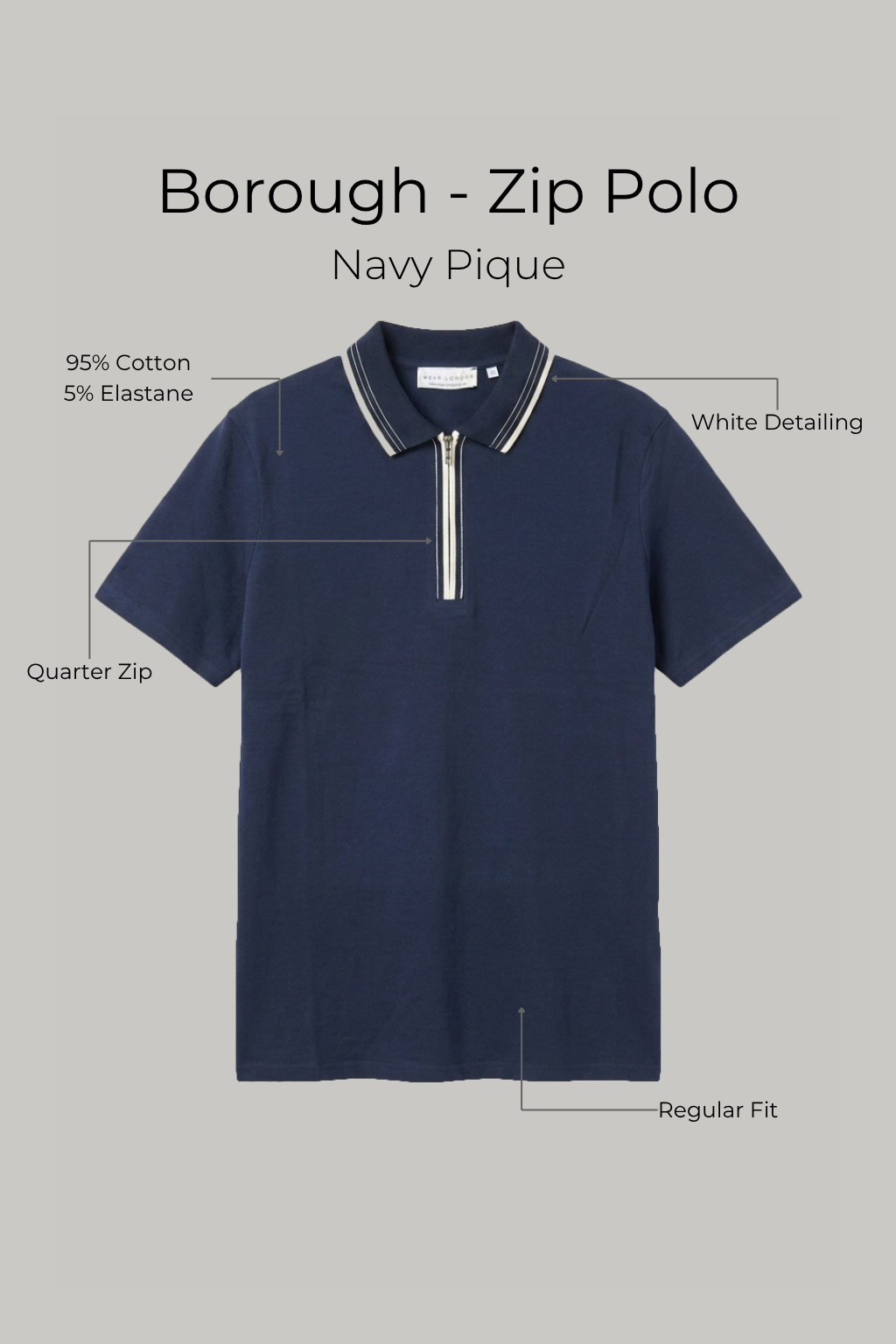 Borough - Zip Polo - Navy Pique - Wear London