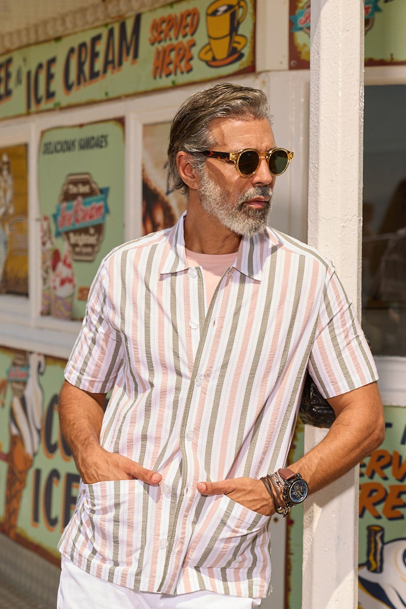 Bethnal Short Sleeve Shirt - Khaki Taupe Stripe Seersucker - Wear London