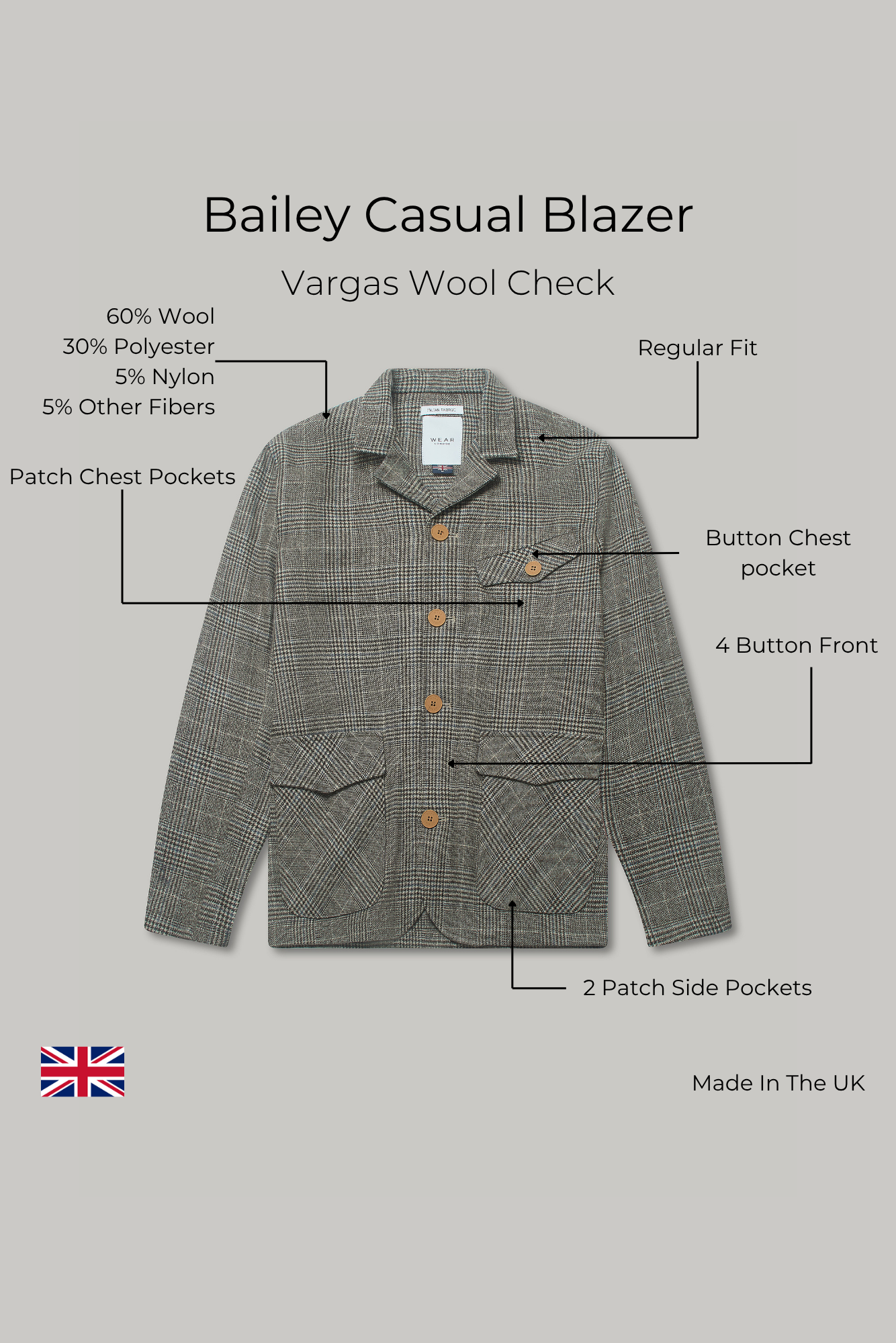 Bailey Casual Blazer - Vargas Wool Check - Wear London