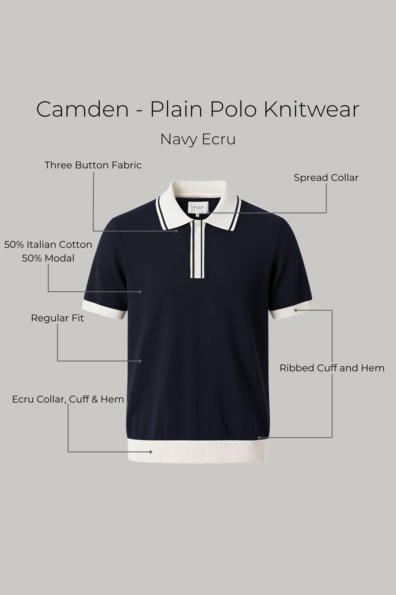 Camden - Plain Polo Knitwear - Navy Ecru - Wear London