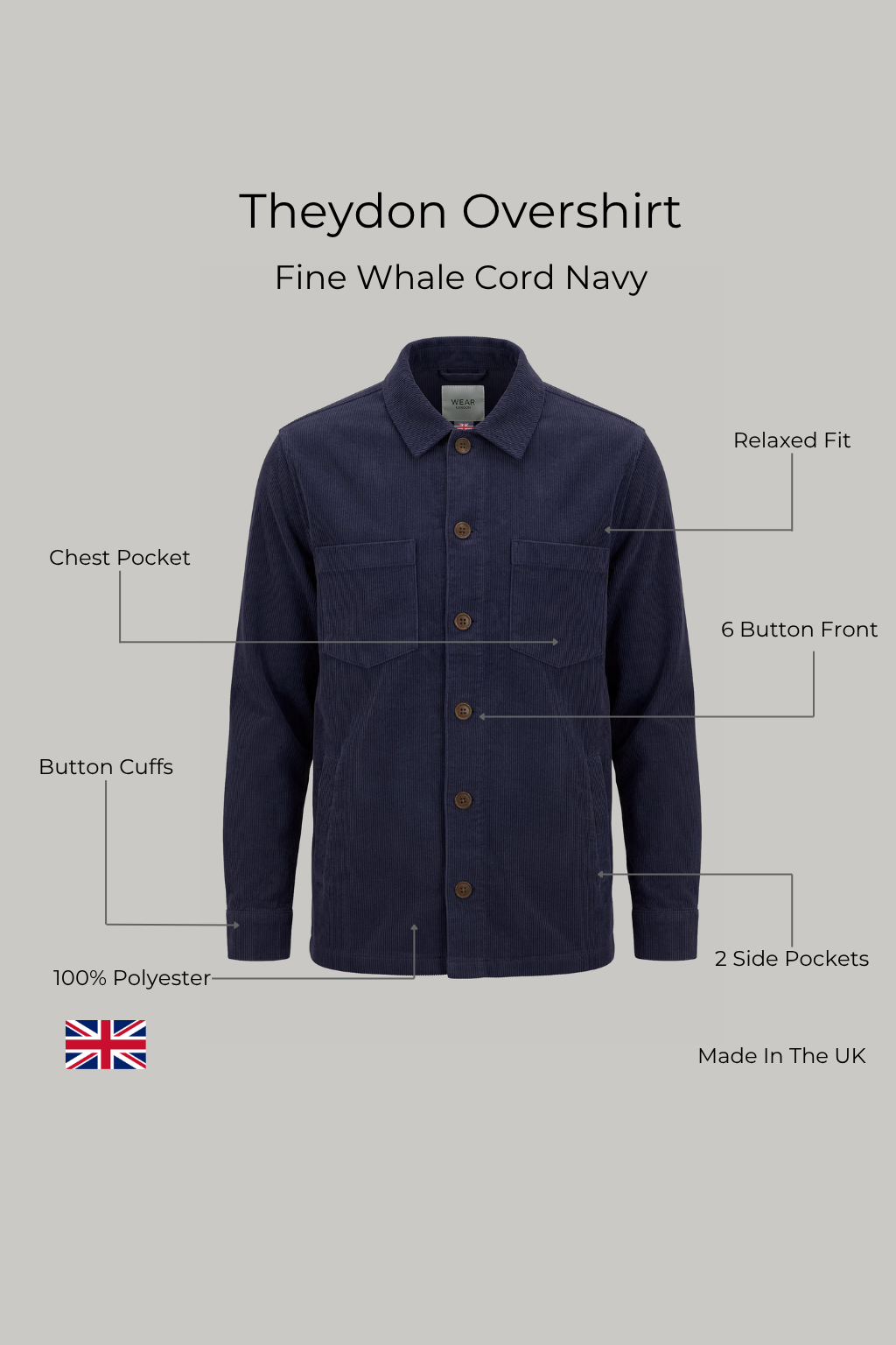 Theydon Overshirt - Fine Whale Cord Navy - Wear London