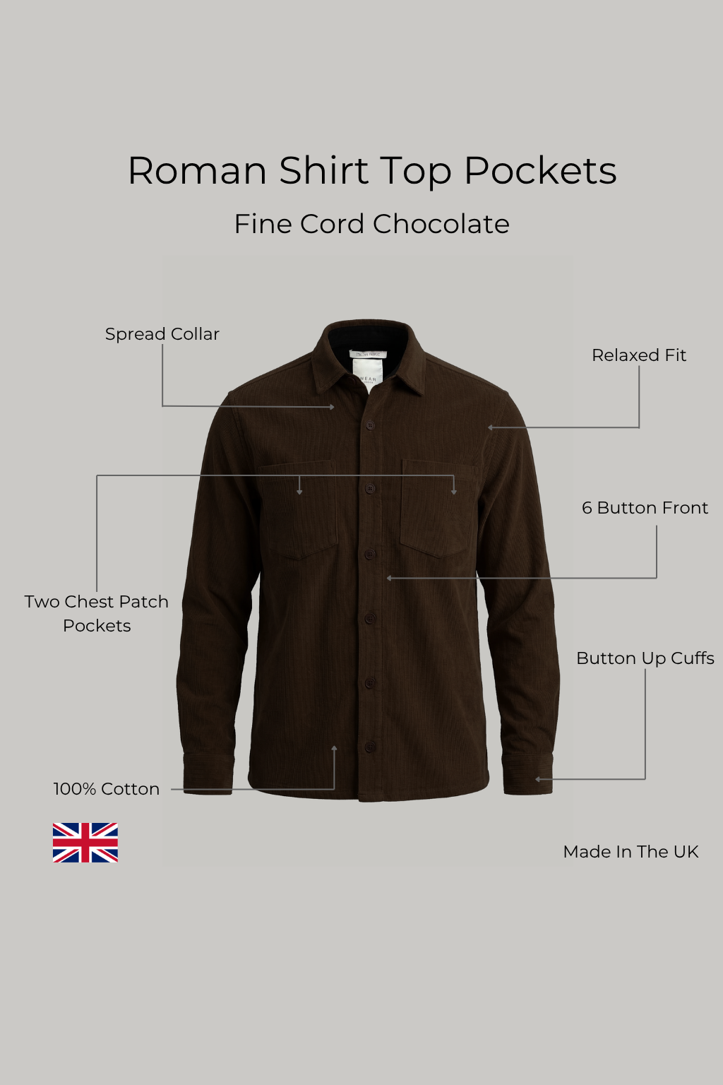 Roman Shirt Top Pockets - Fine Cord Chocolate - Wear London