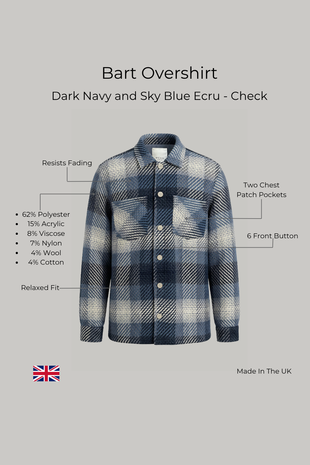 Bart Overshirt - Dark Navy and Sky Blue Ecru - Check - Wear London