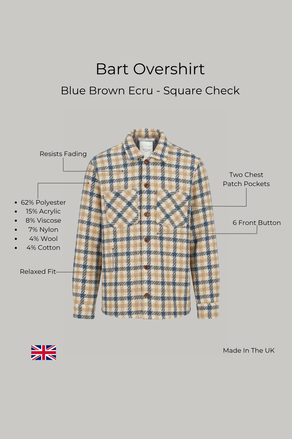 Bart Overshirt - Blue Brown Ecru - Square Check - Wear London