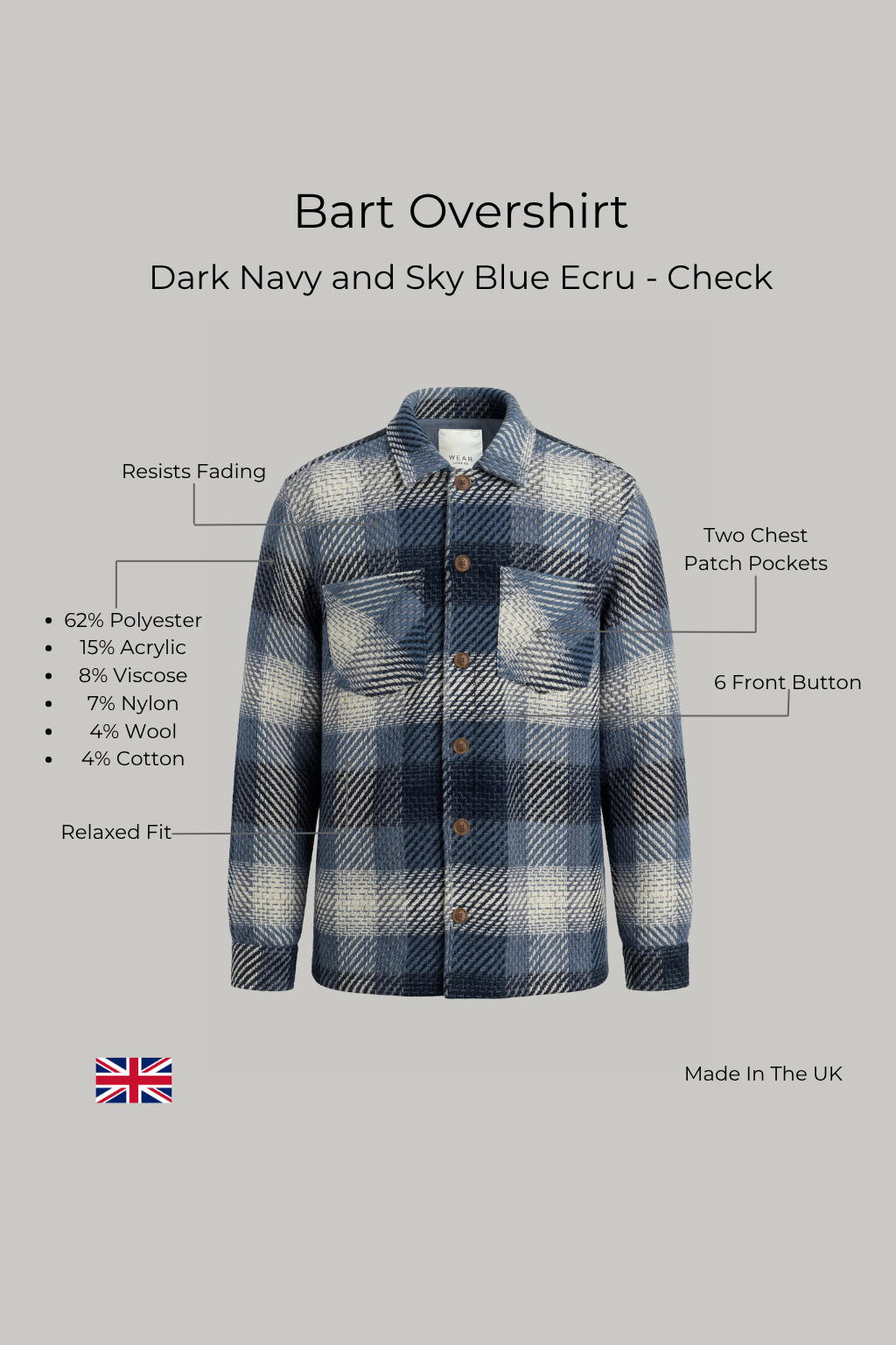 Bart Overshirt - Dark Navy and Sky Blue Ecru - Check - Wear London
