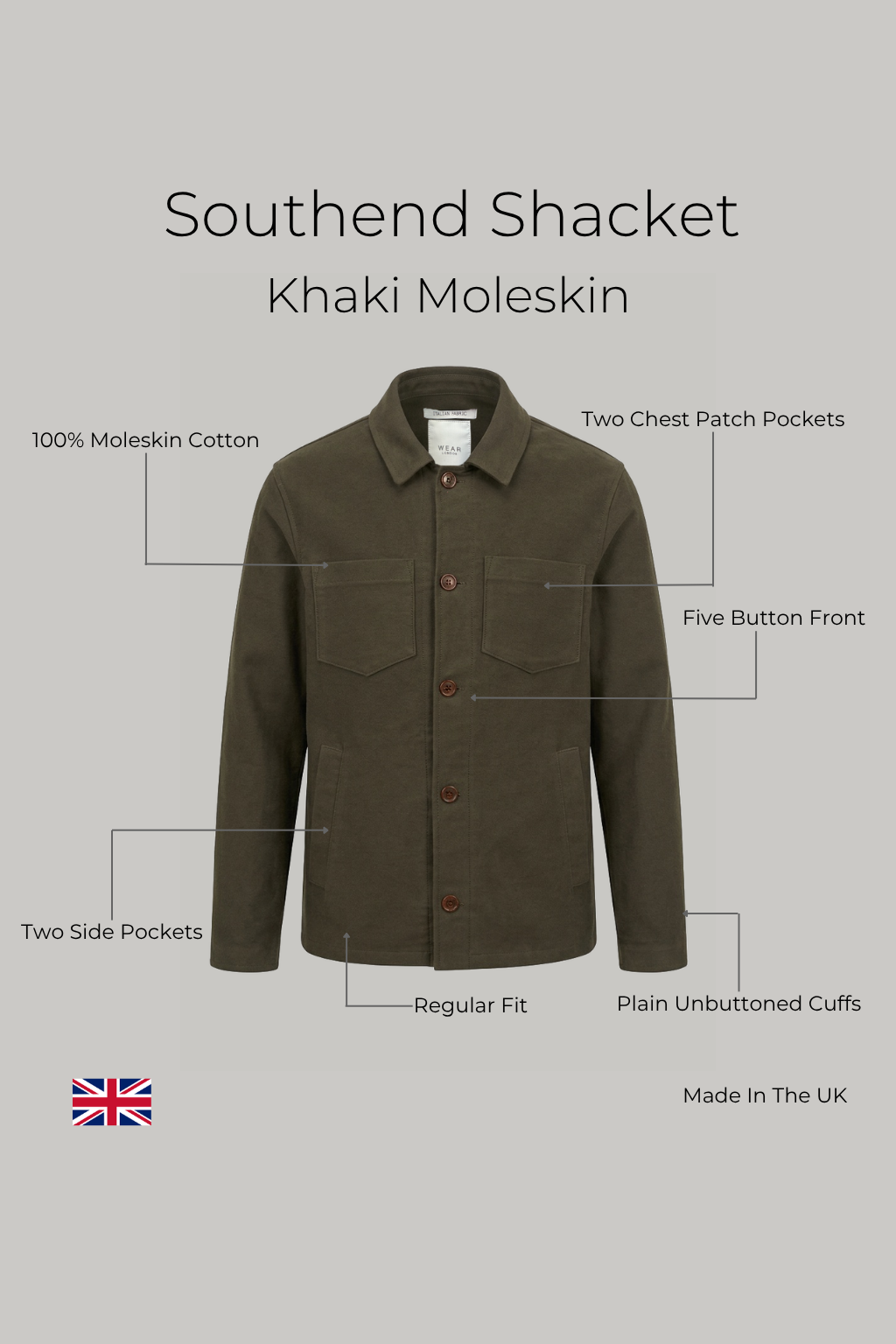 Southend Shacket Unlined - Khaki Moleskin - Wear London