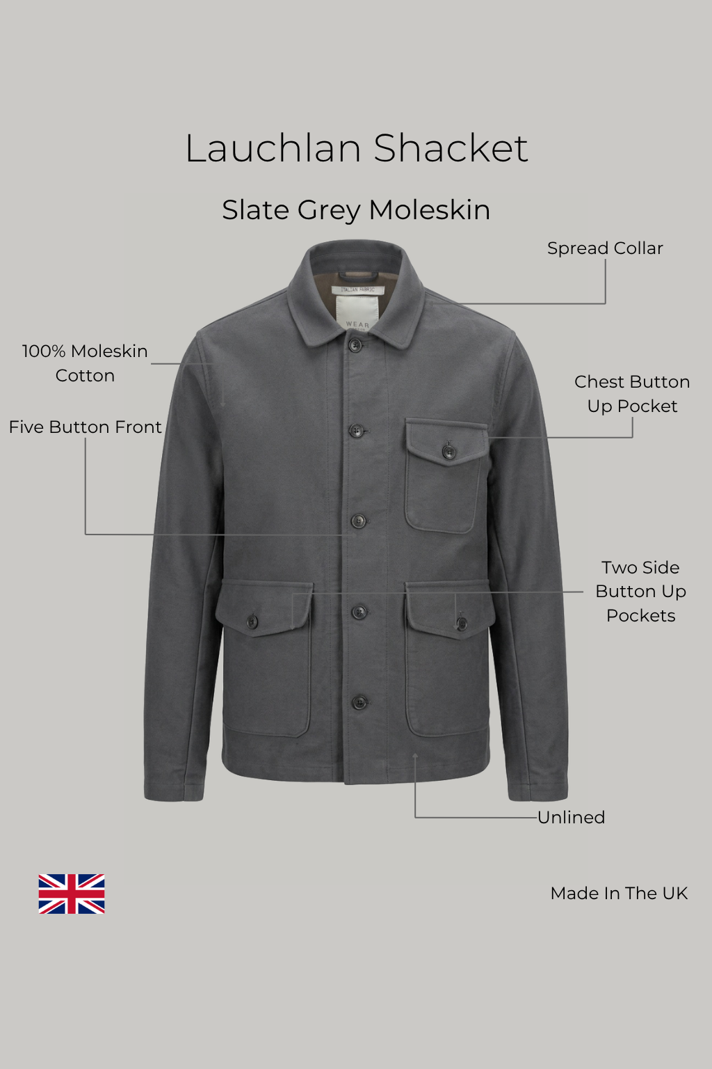 Lauchlan Shacket - Grey Slate Moleskin - Wear London