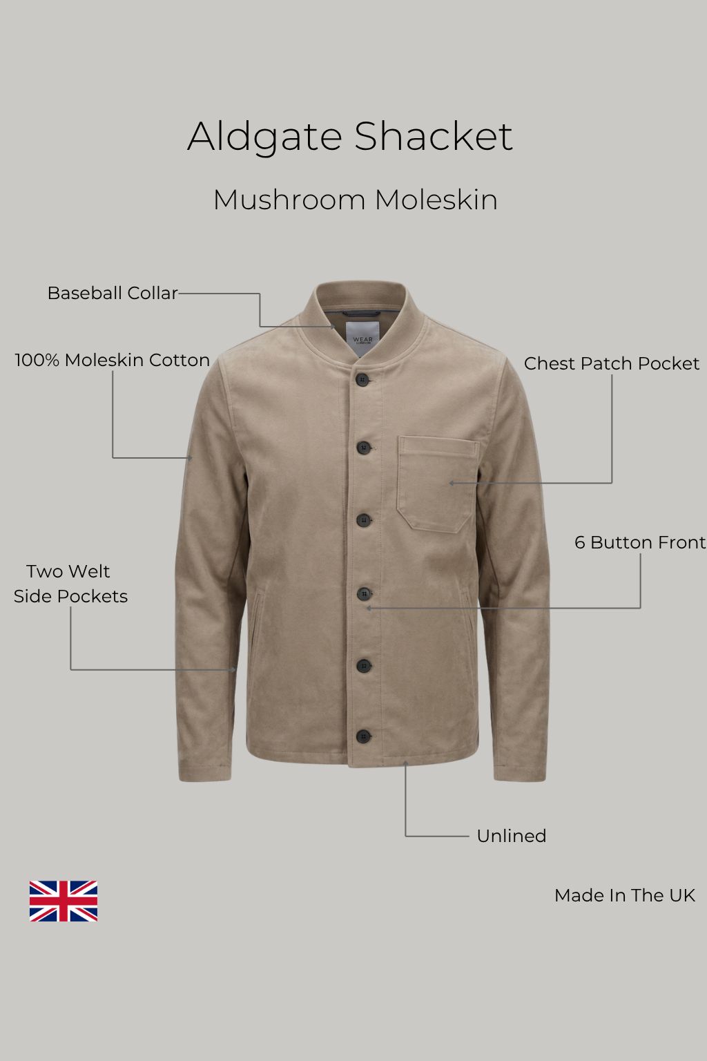 Aldgate Baseball Shacket - Mushroom Moleskin - Wear London