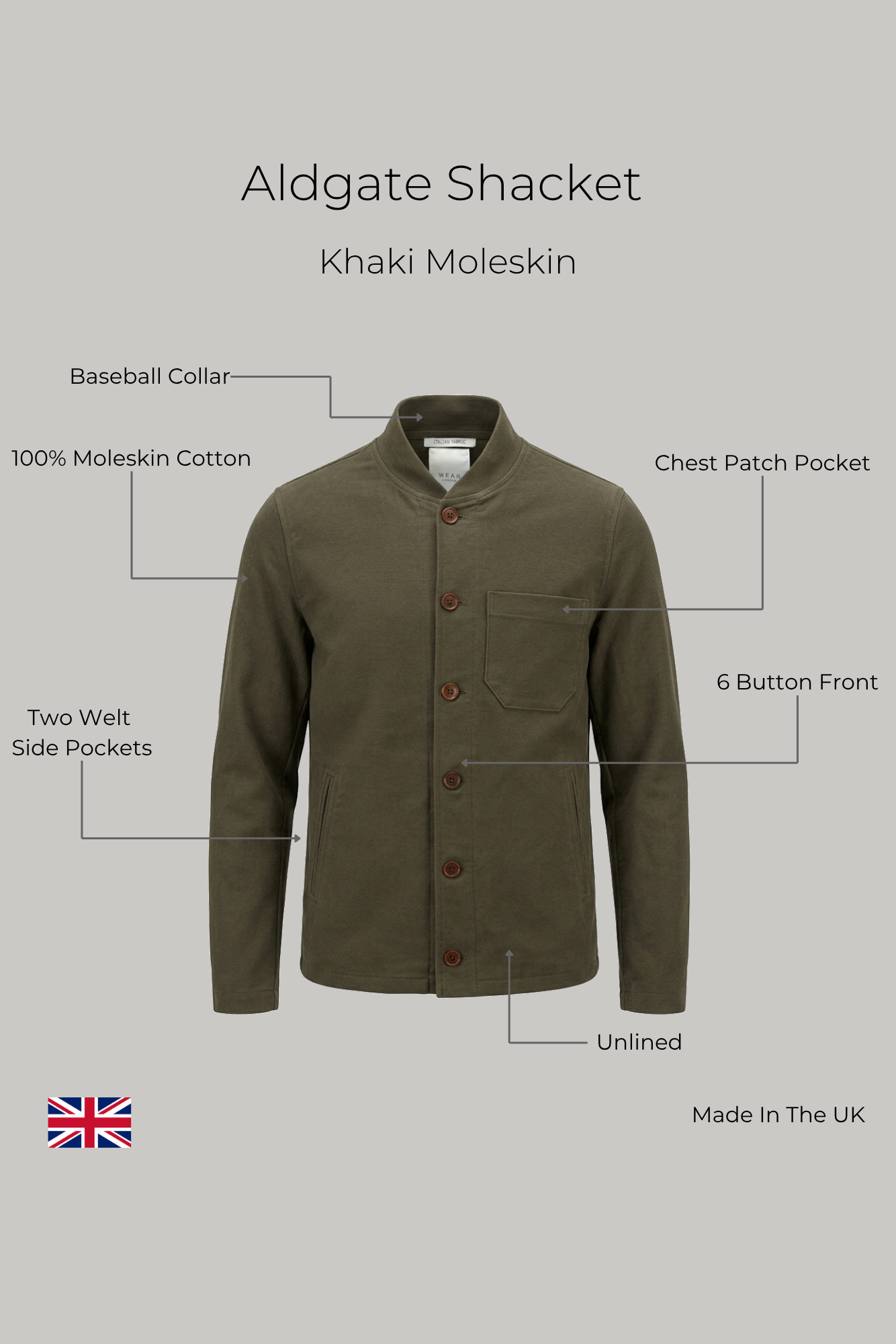 Aldgate Baseball Shacket - Khaki Moleskin - Wear London