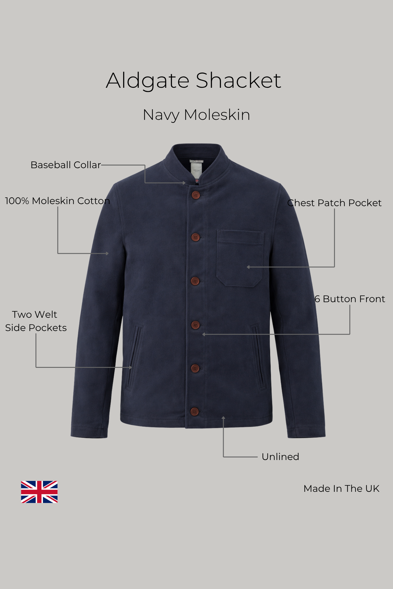 Aldgate Baseball Shacket - Navy Moleskin - Wear London