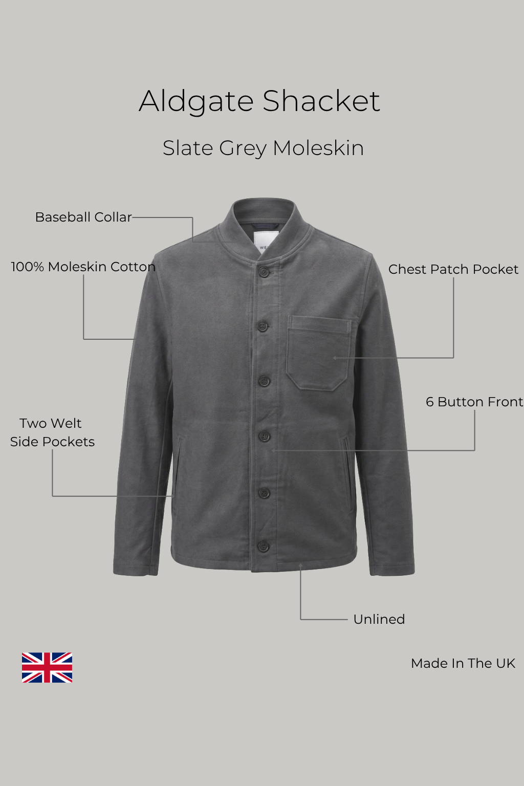 Aldgate Baseball Shacket - Slate Grey Moleskin - Wear London