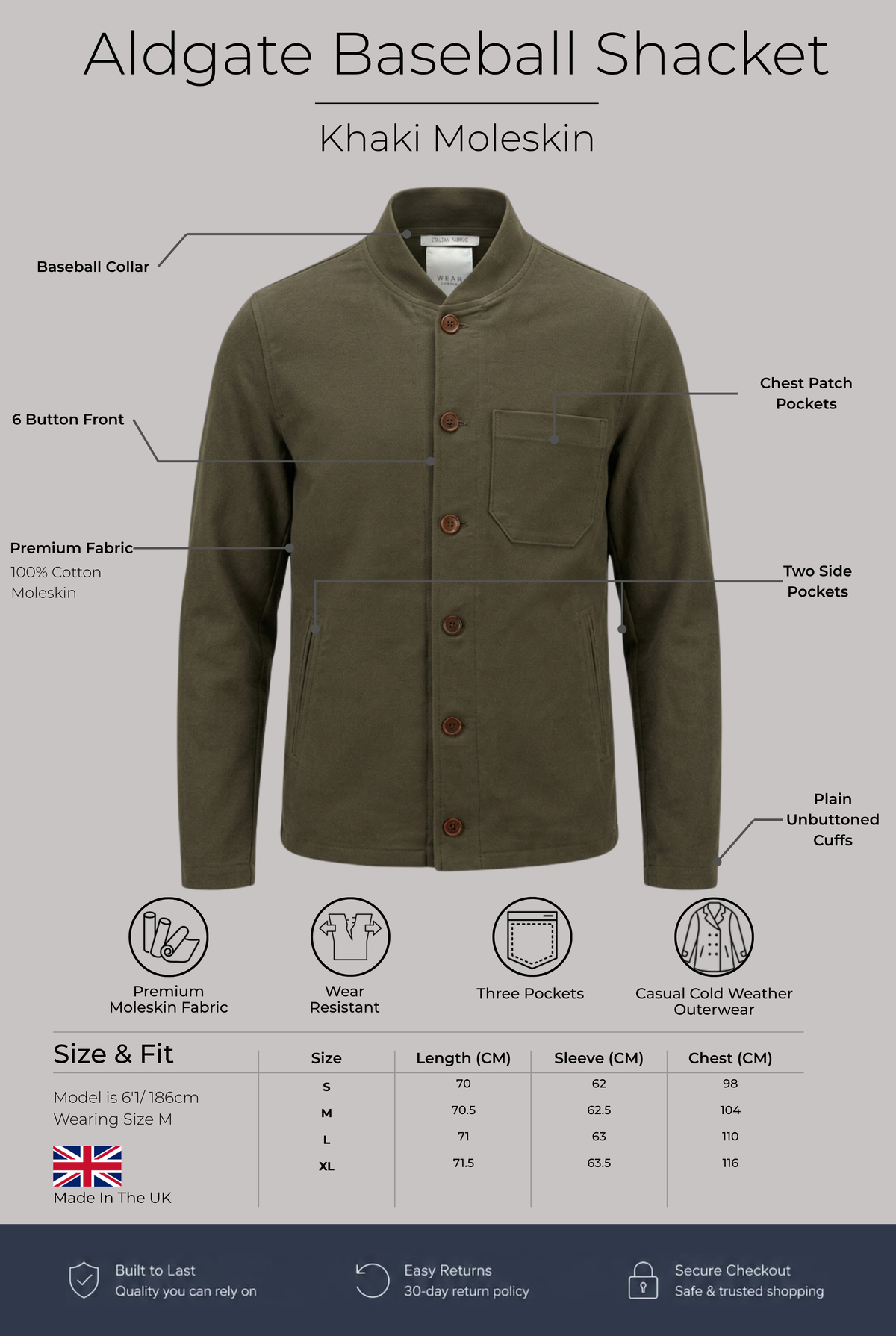 Aldgate Baseball Shacket - Khaki Moleskin - Wear London