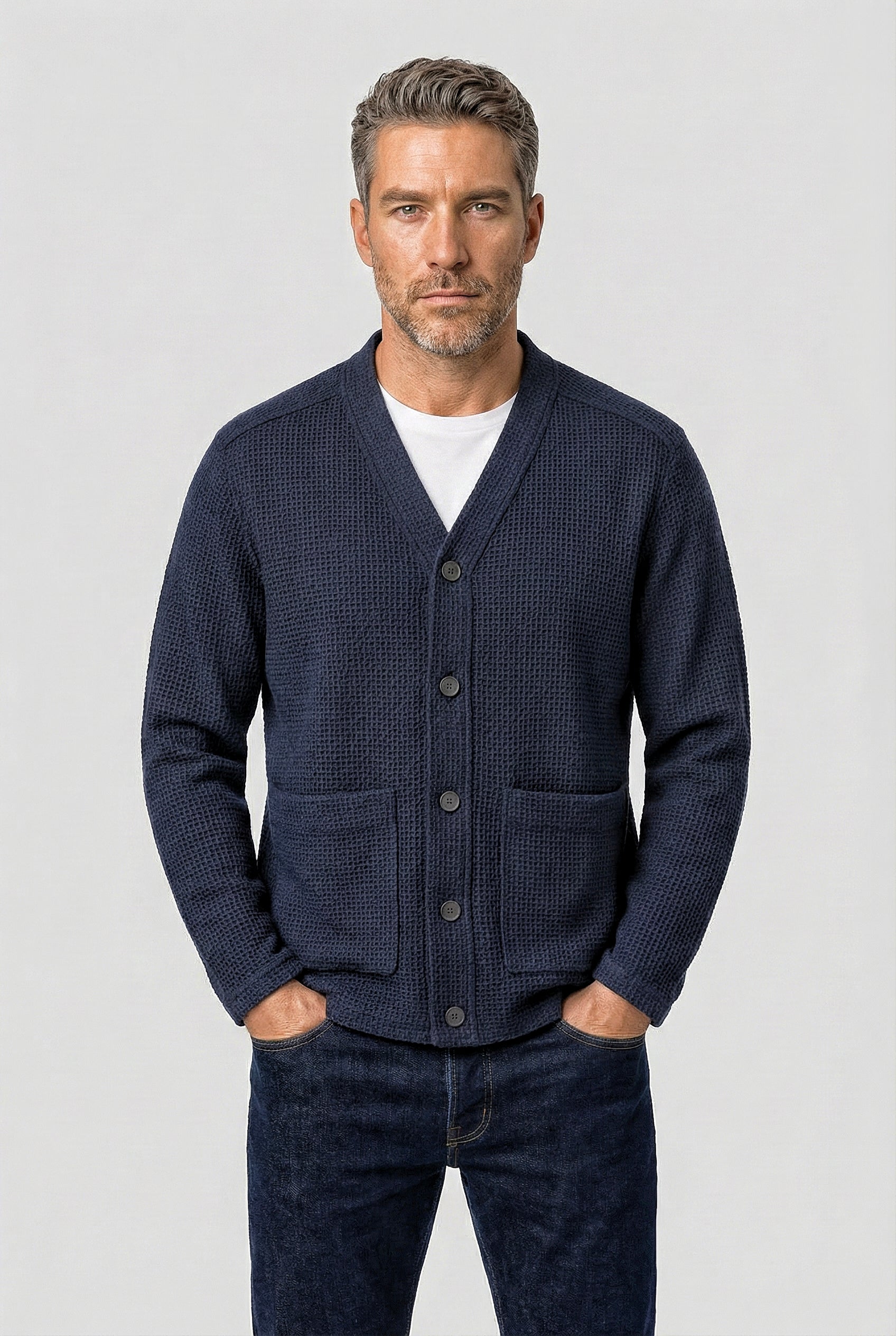Fleming V-Neck Shacket - Navy Textured - Wear London
