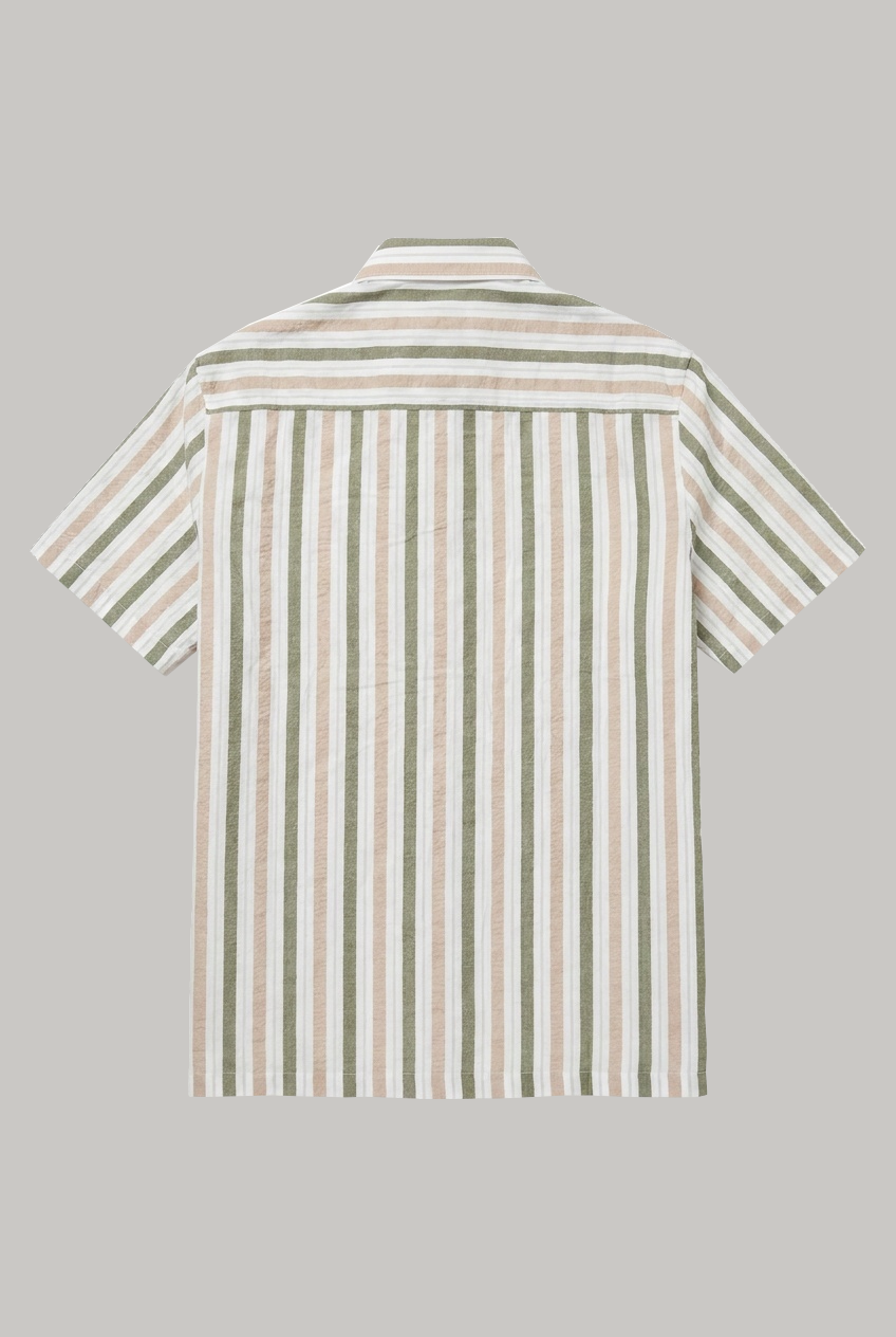 Bethnal Short Sleeve Shirt - Khaki Taupe Stripe Seersucker - Wear London