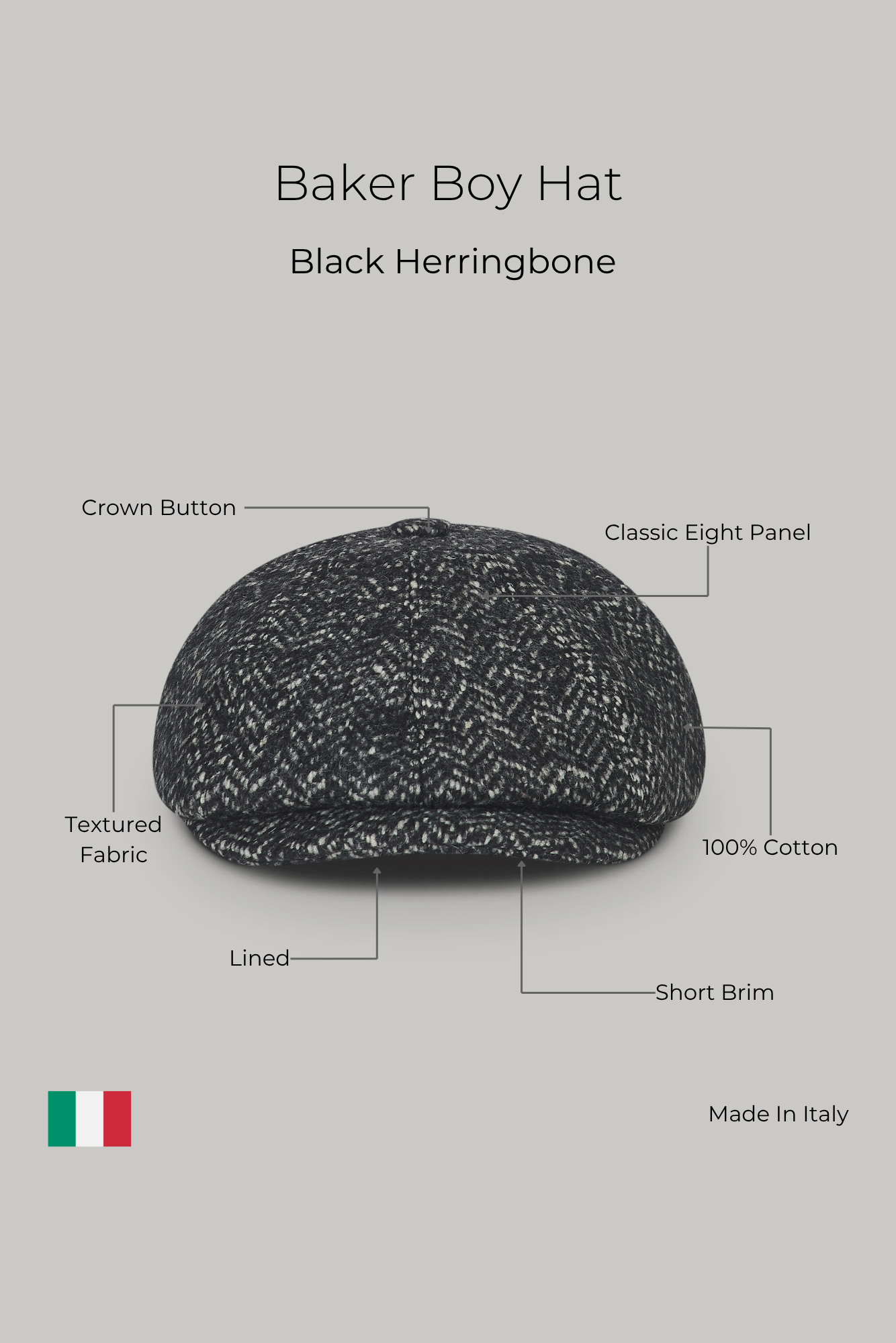 Baker Boy Hat - Black Herringbone - Wear London