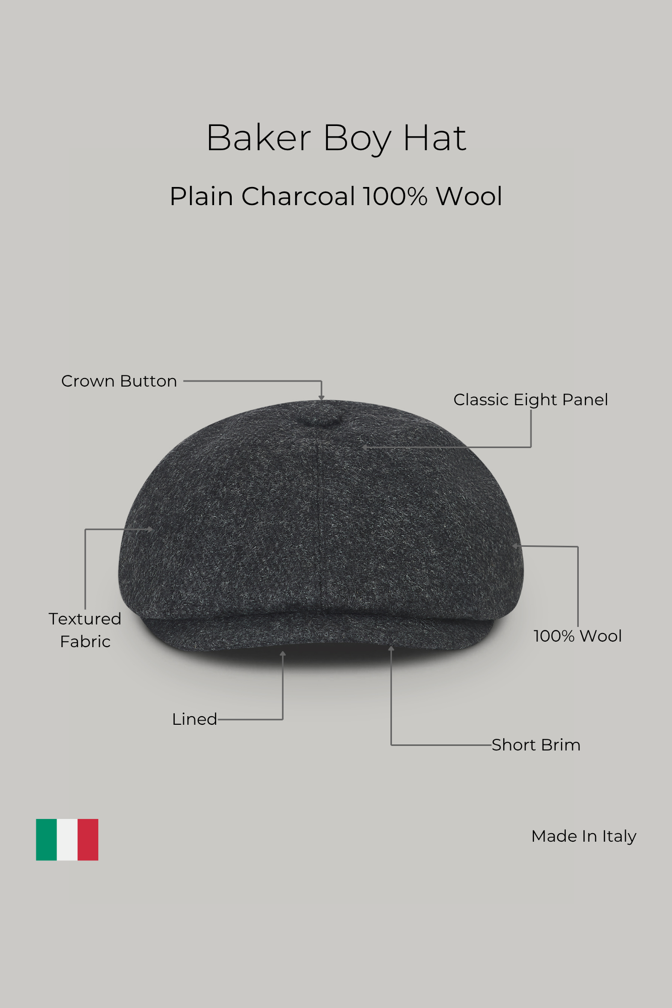 Baker Boy Hat - Plain Charcoal 100% Wool - Wear London