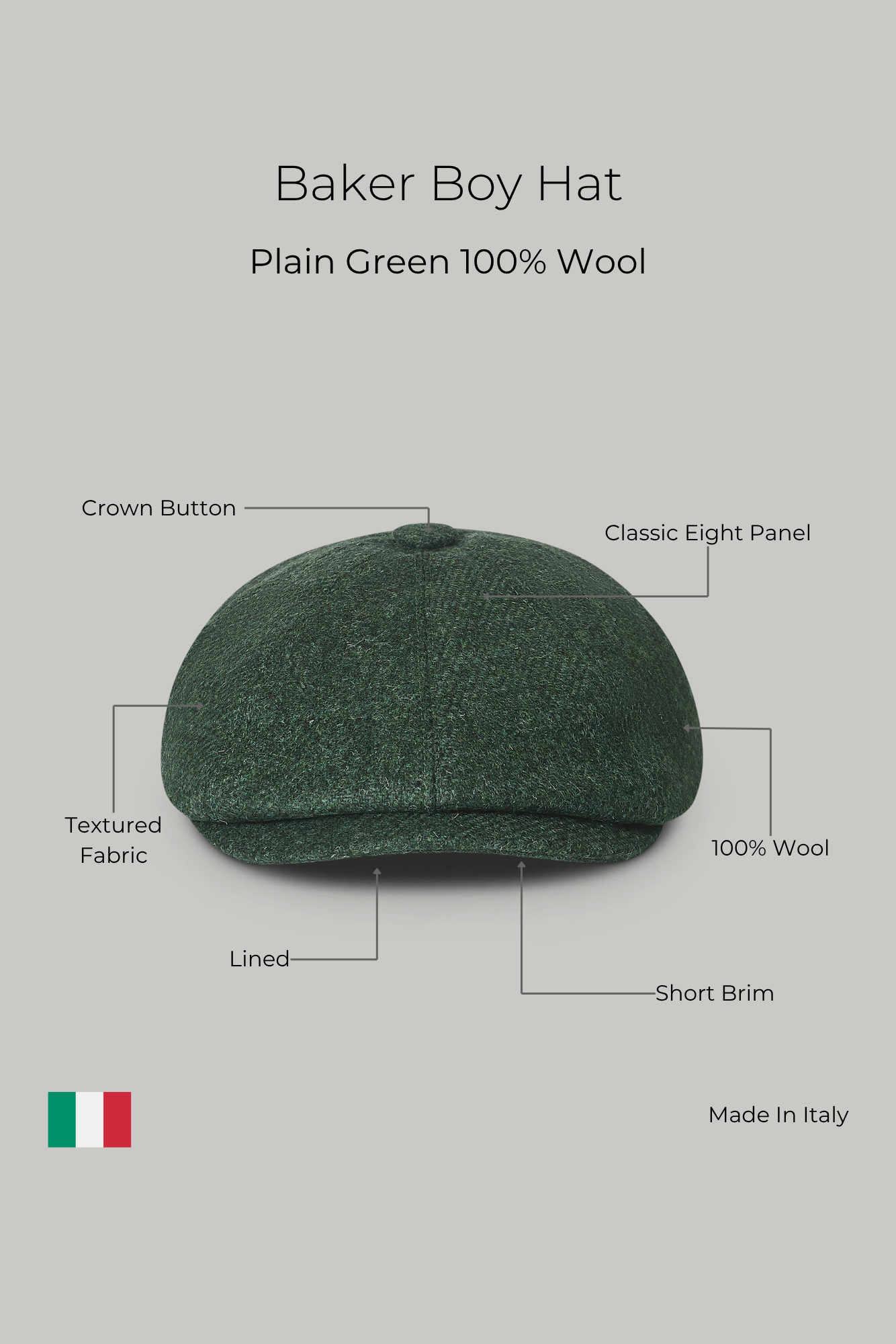 Baker Boy Hat - Plain Green 100% Wool - Wear London