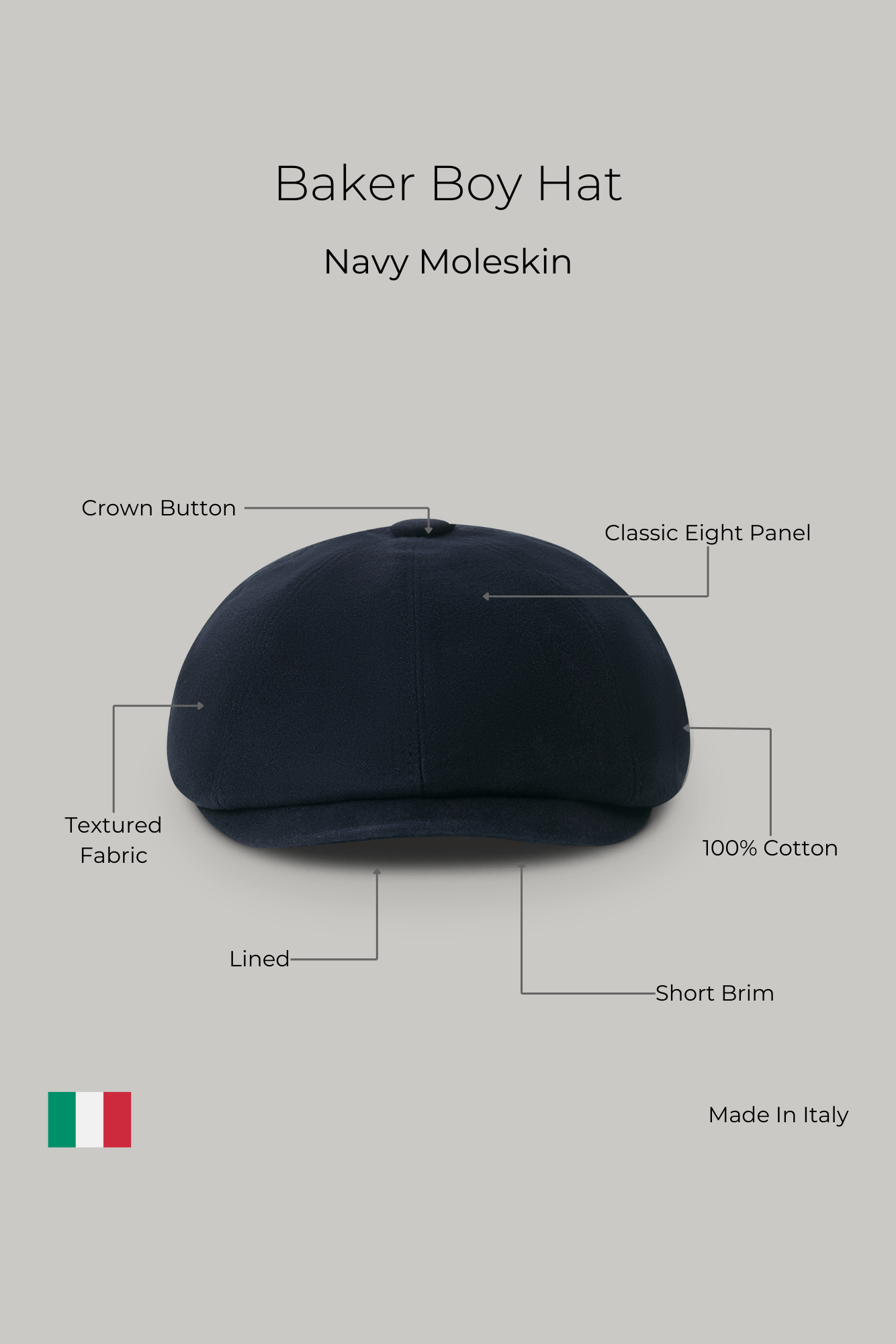 Baker Boy Hat - Navy Moleskin - Wear London