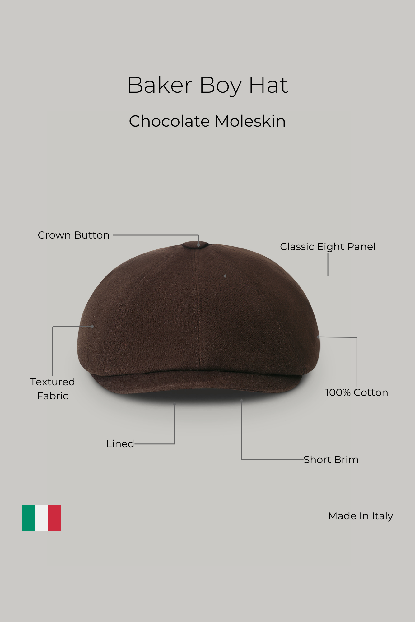 Baker Boy Hat - Chocolate Moleskin - Wear London