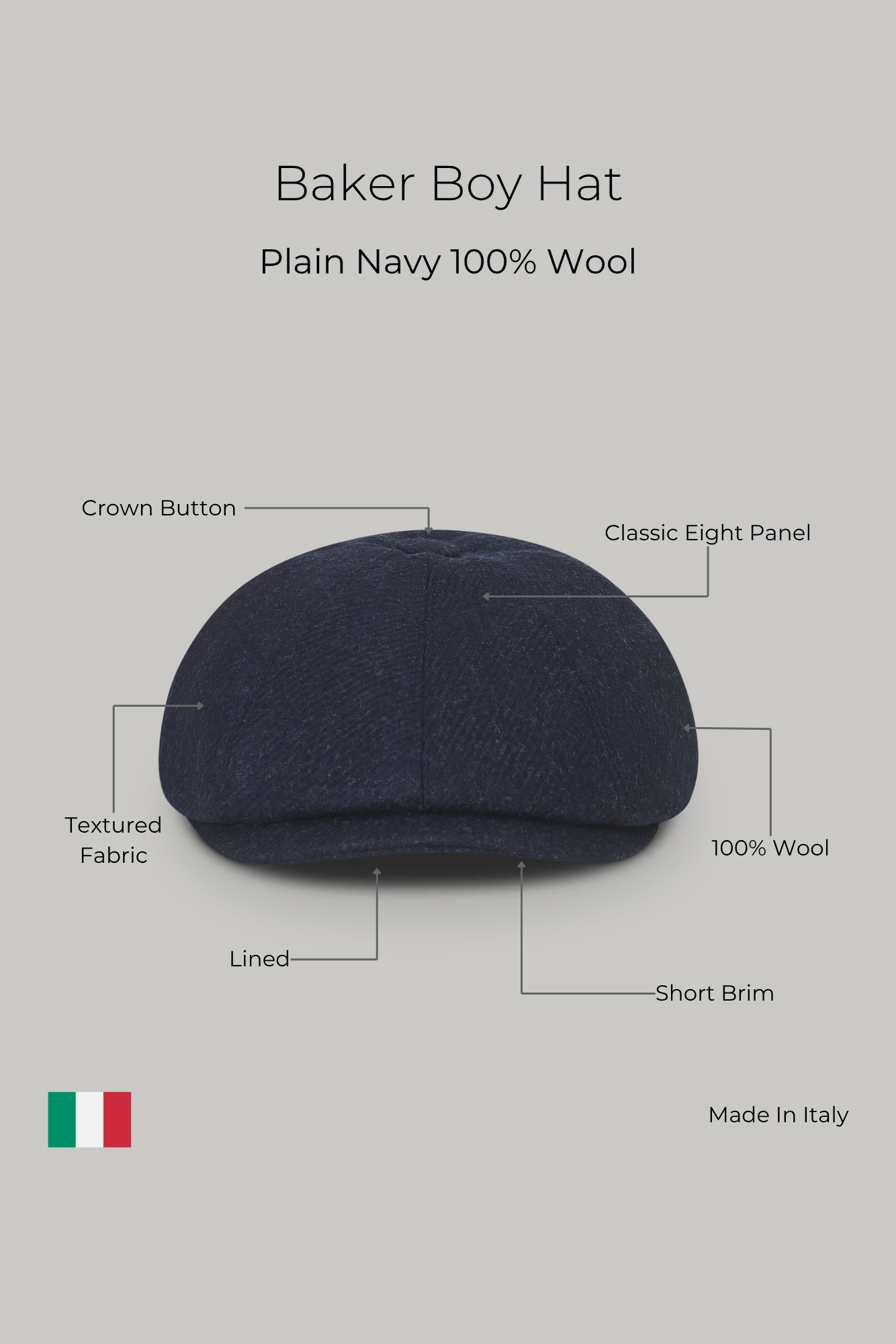 Baker Boy Hat - Plain Navy 100% Wool - Wear London