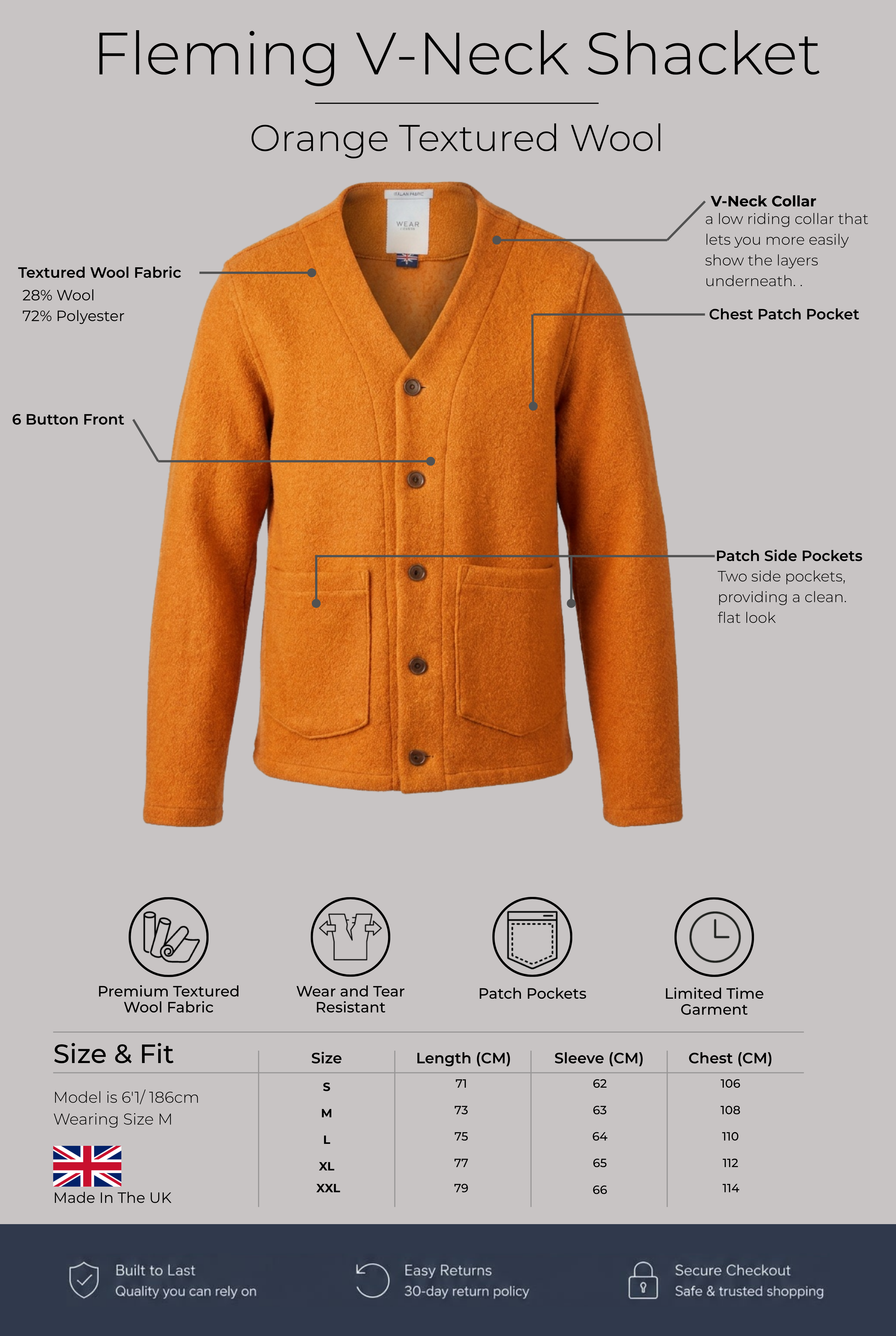 Fleming V-Neck Shacket - Orange Textured Wool - Wear London