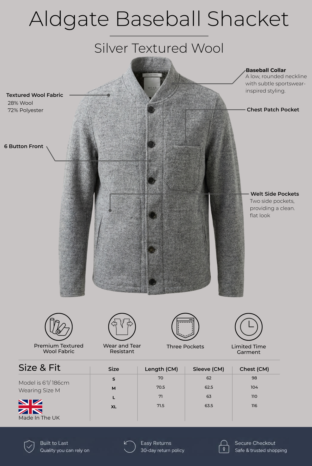 Aldgate Baseball Shacket - Silver textured wool - Wear London