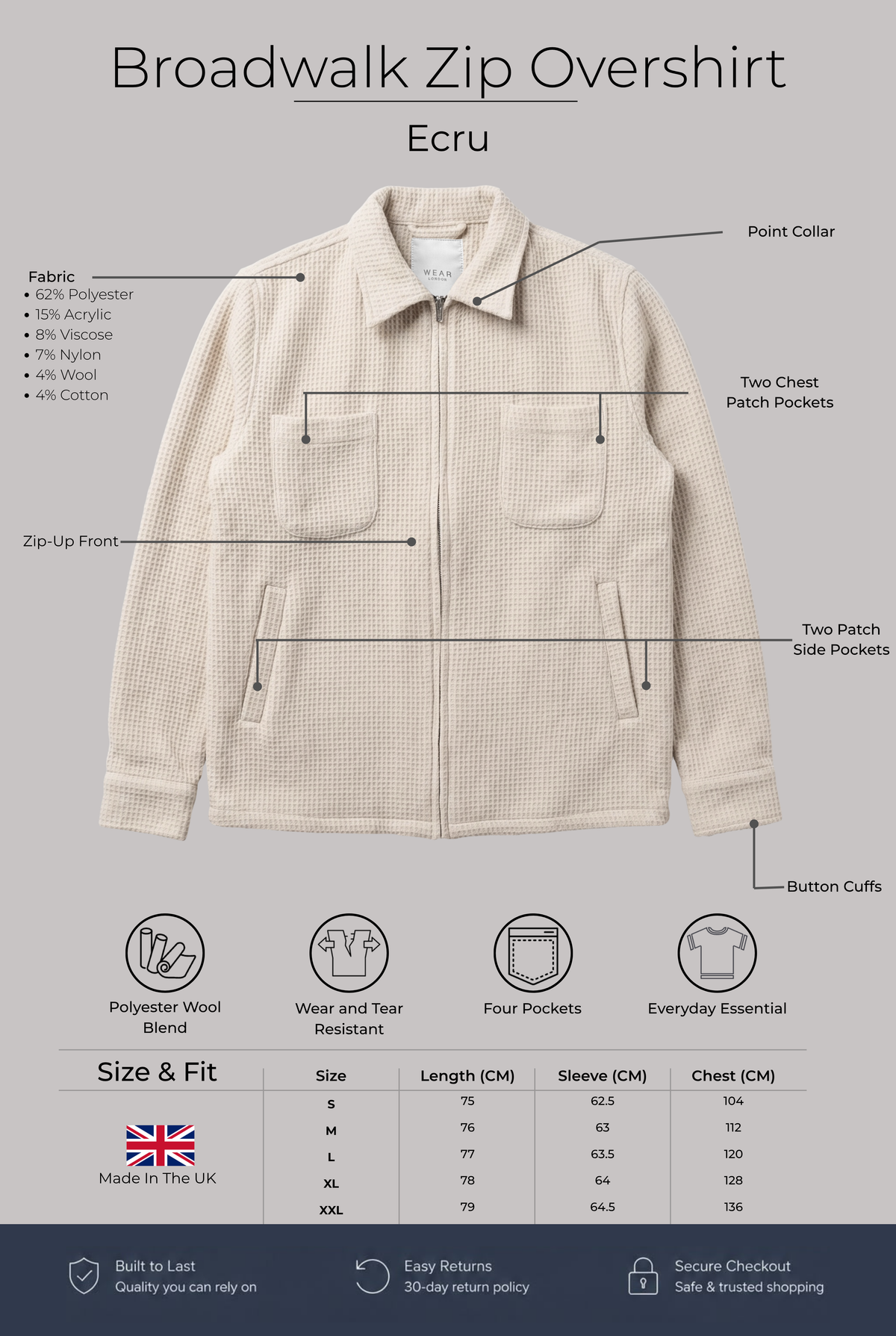Broadwalk Zip Overshirt - Ecru - Wear London