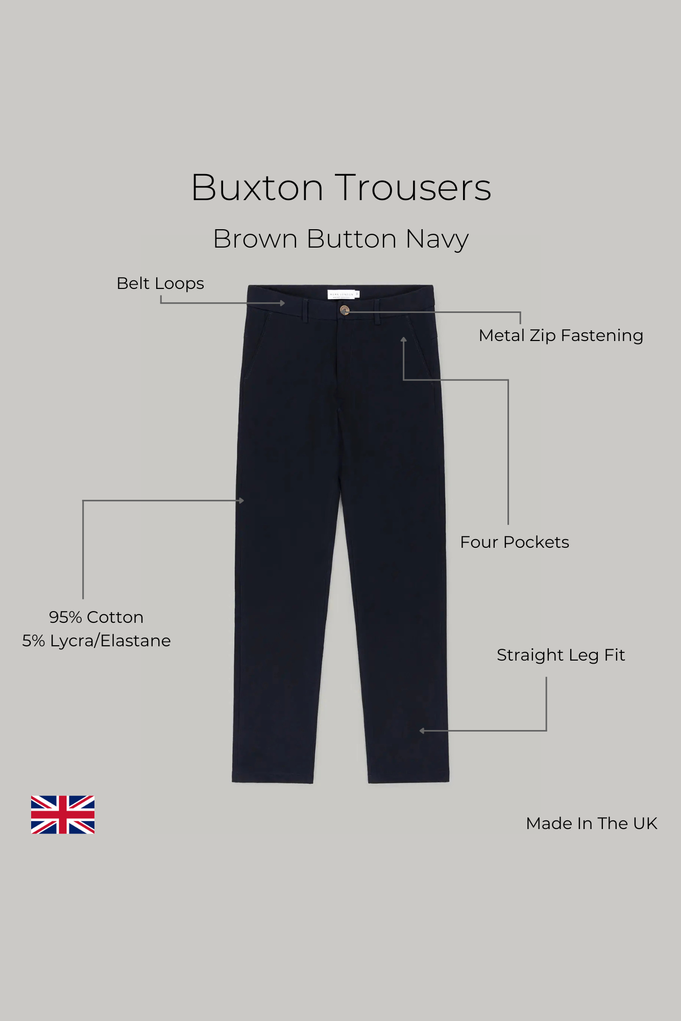 Buxton Trousers -Brown Button Navy - Wear London