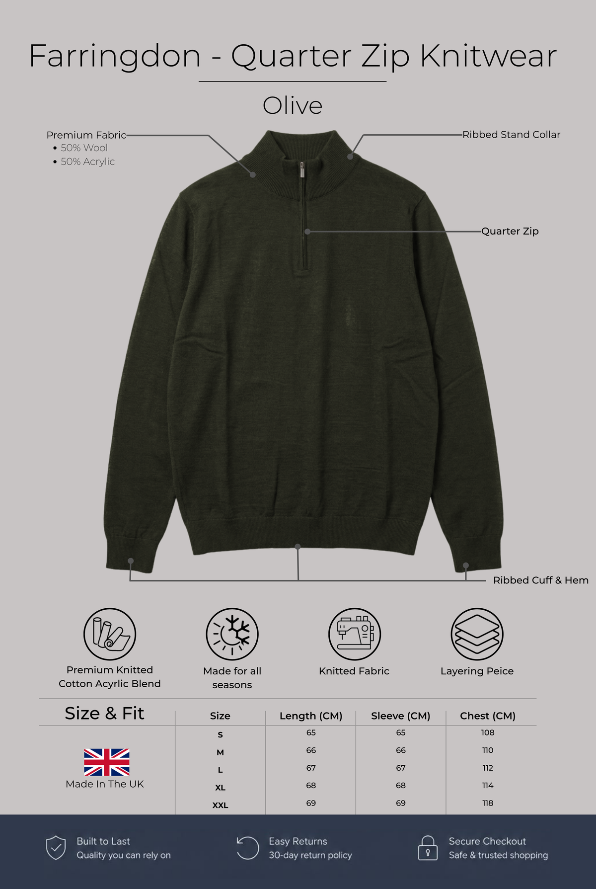 Farringdon - Quarter Zip Knitwear - Olive - Wear London