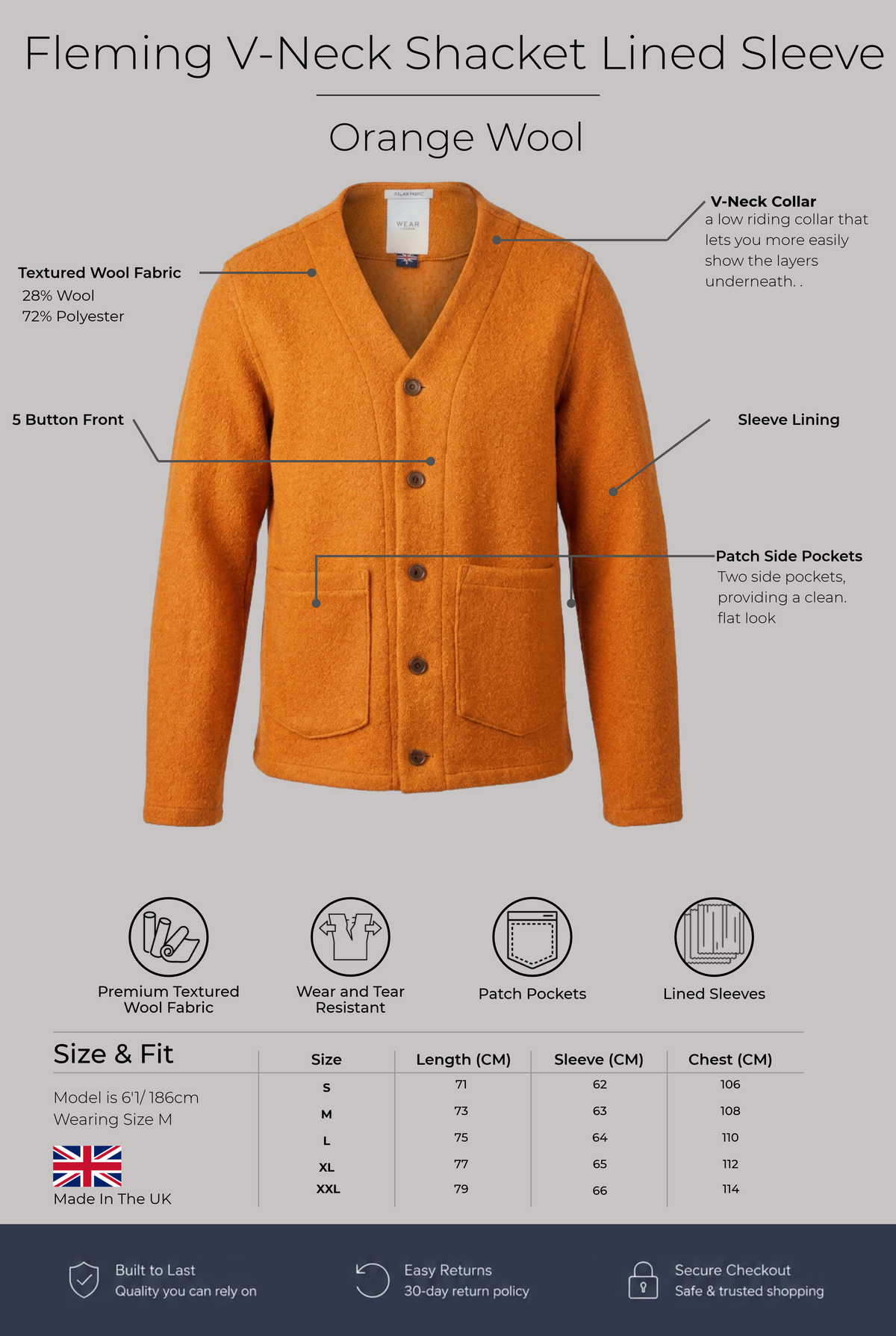Fleming V-Neck Shacket - Orange Textured Wool - Wear London