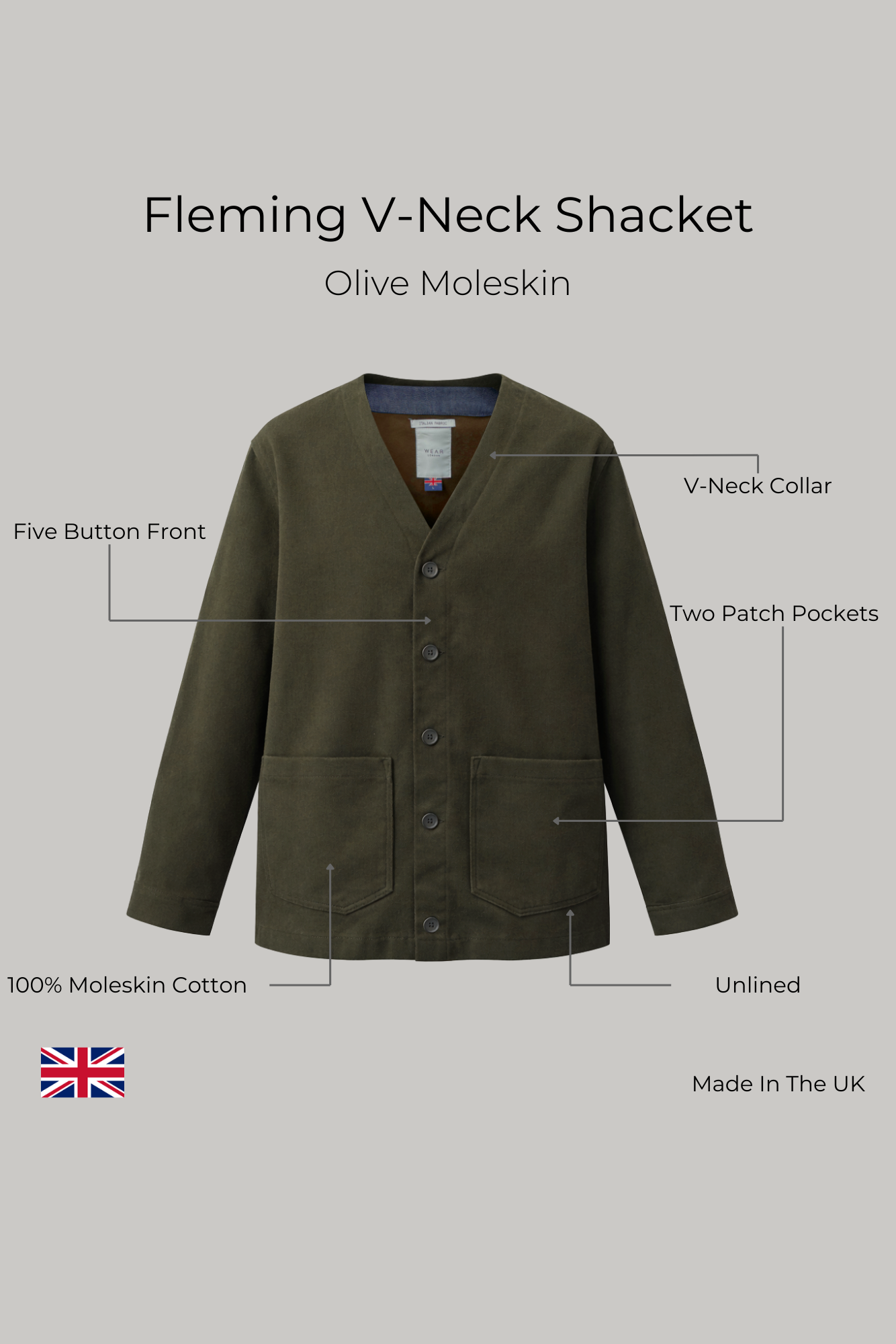 Fleming V-Neck Shacket - Olive Moleskin - Wear London