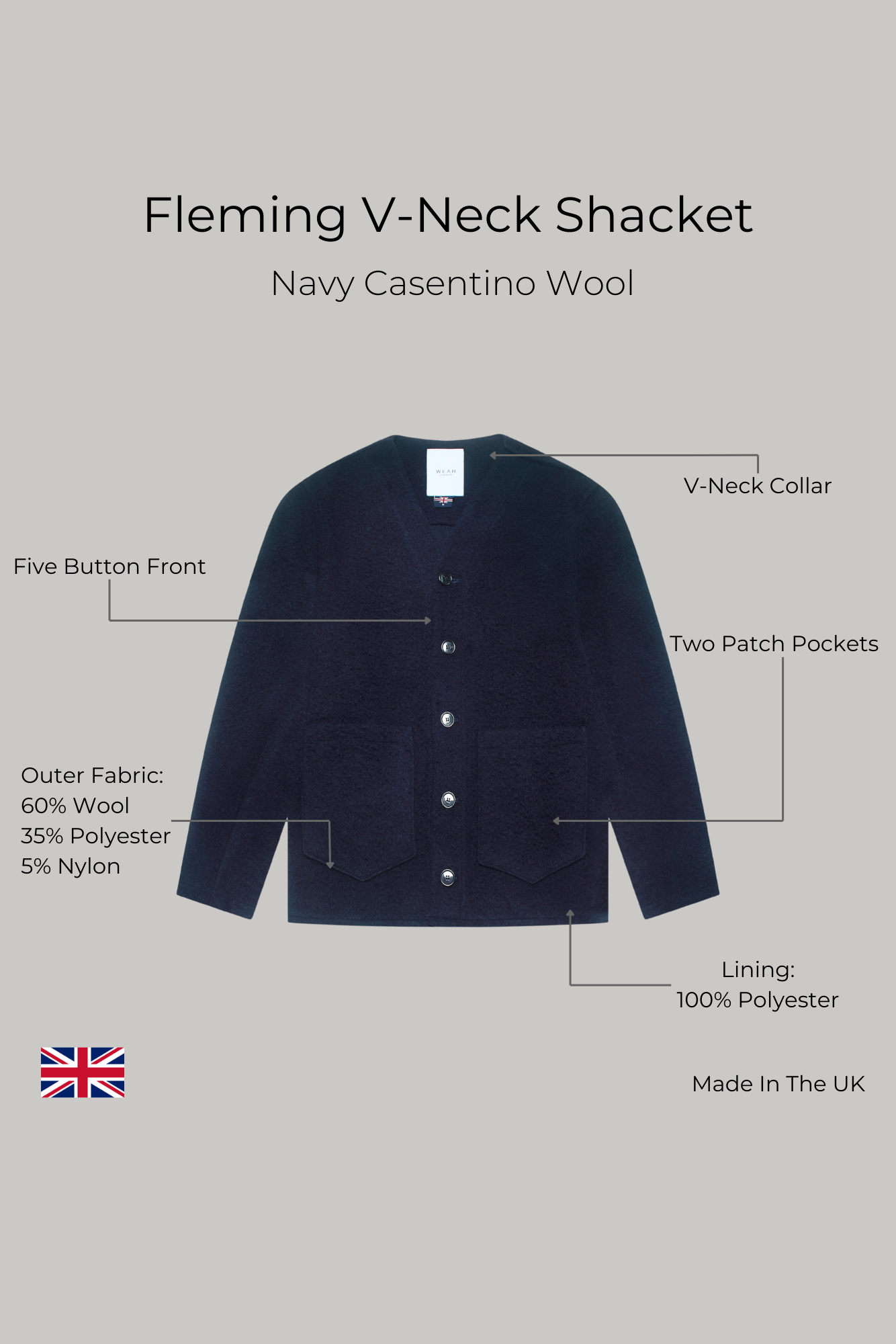 Fleming V-Neck Shacket - Navy Casentino Wool - Wear London