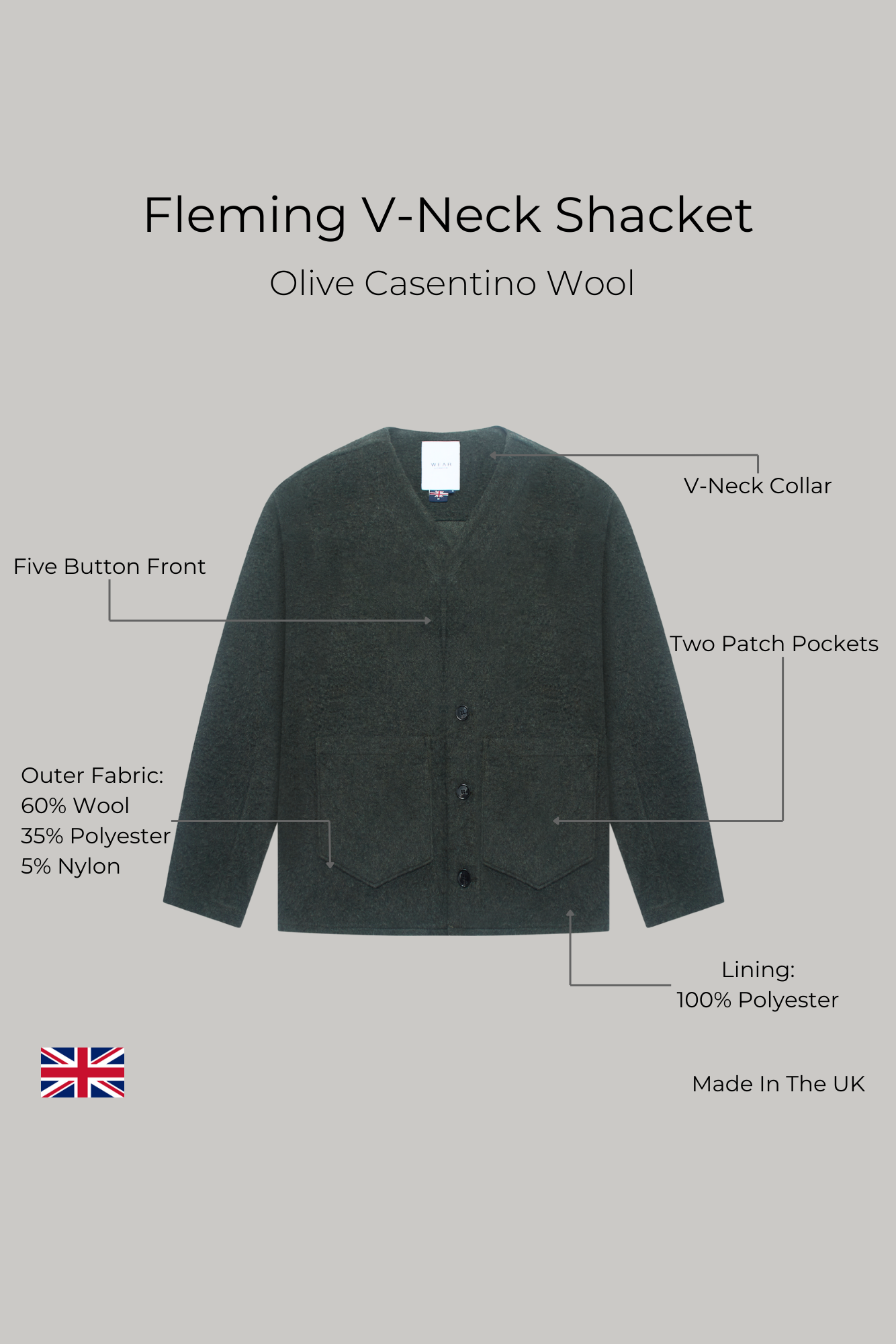 Fleming V-Neck Shacket - Olive Casentino Wool - Wear London