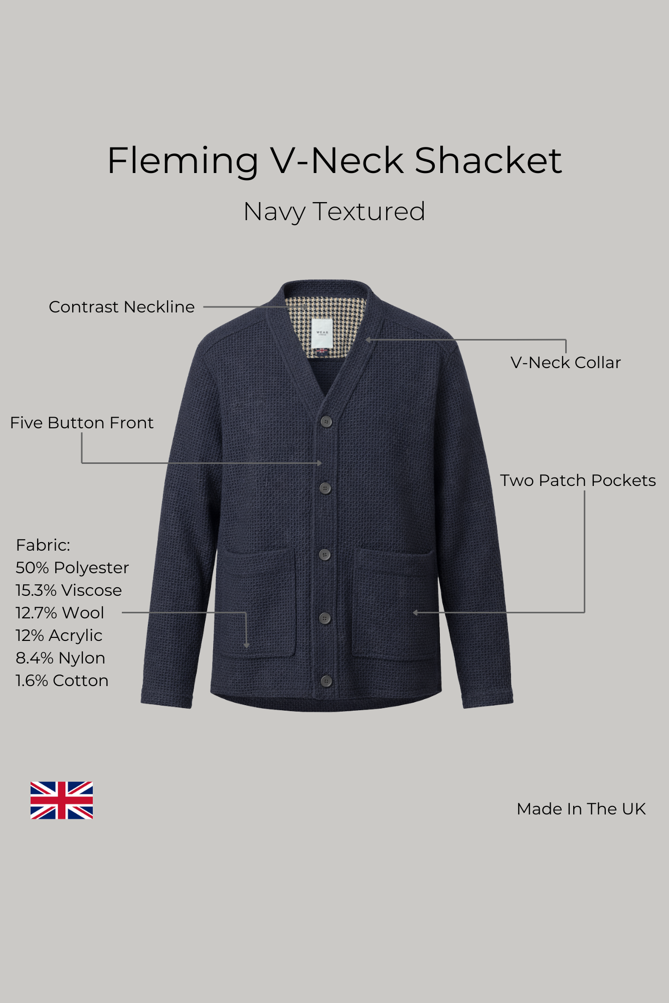 Fleming V-Neck Shacket - Navy Textured - Wear London