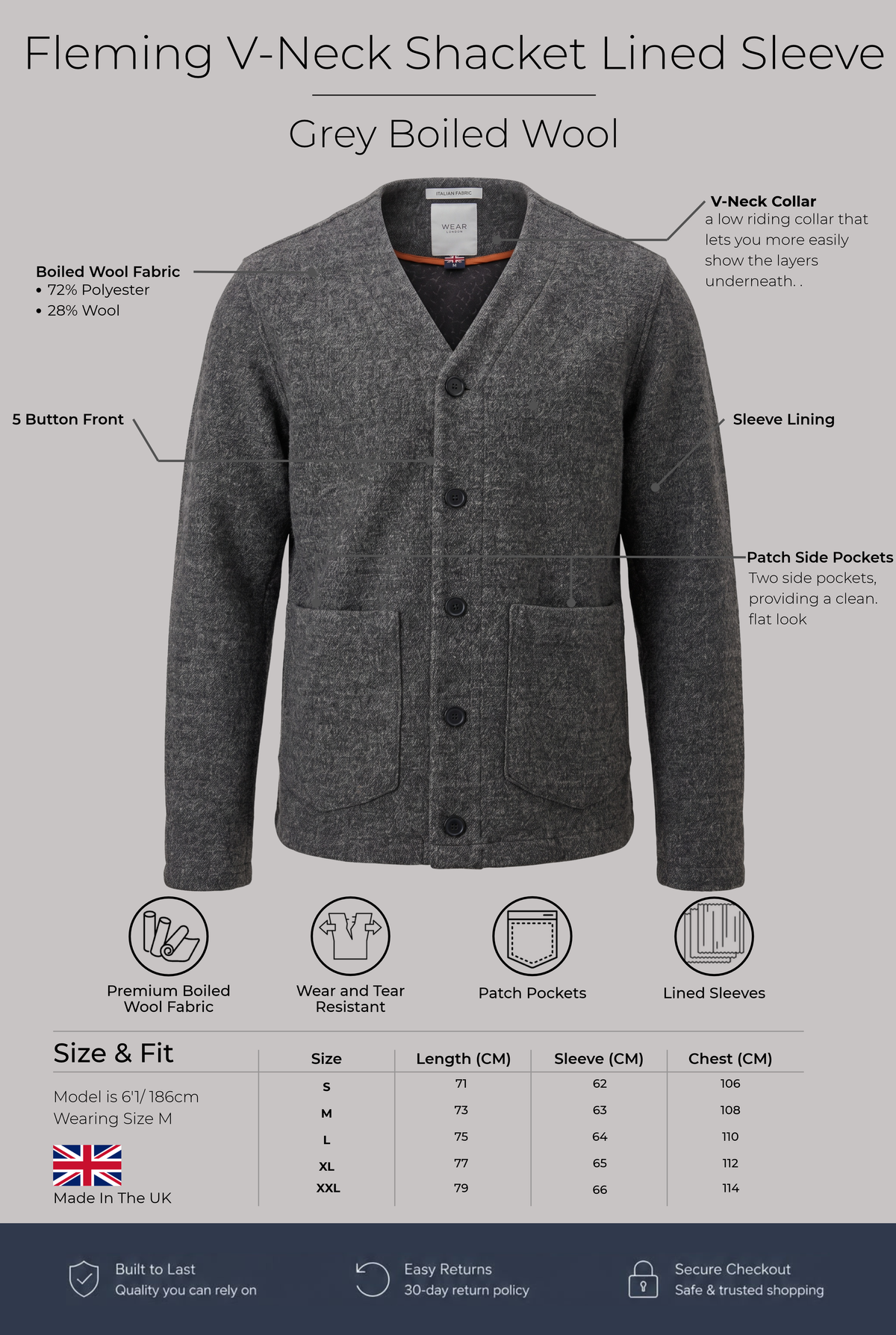 Fleming V-Neck Shacket Lined Sleeve - Grey Boiled Wool - Wear London