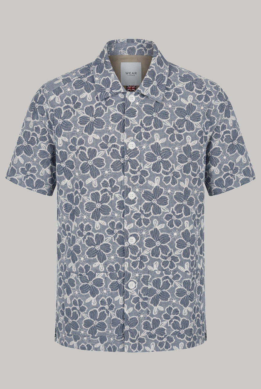 Bethnal Short Sleeve Shirt - Embroidered Chambray Sky Flower - Wear London