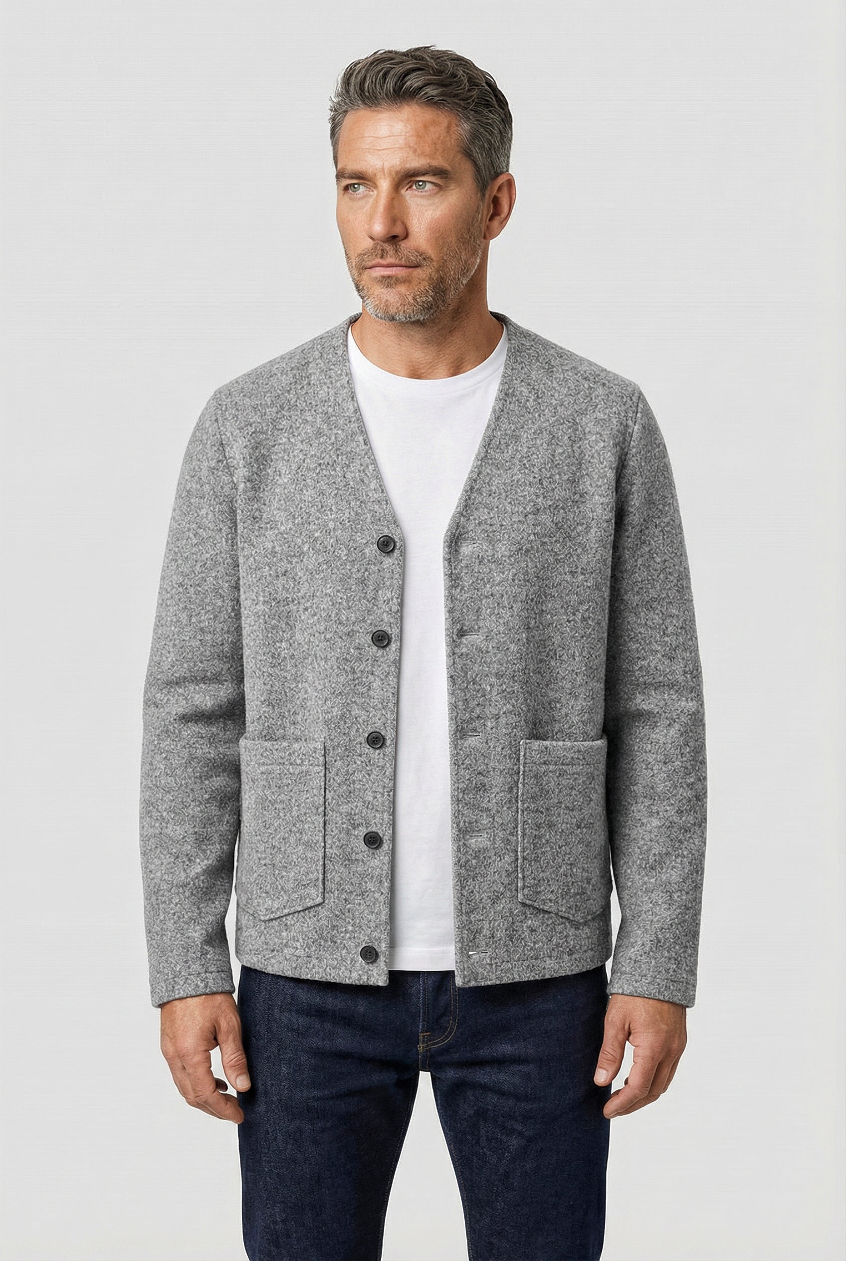 Fleming V-Neck Shacket - Light Grey Boiled Wool - Wear London