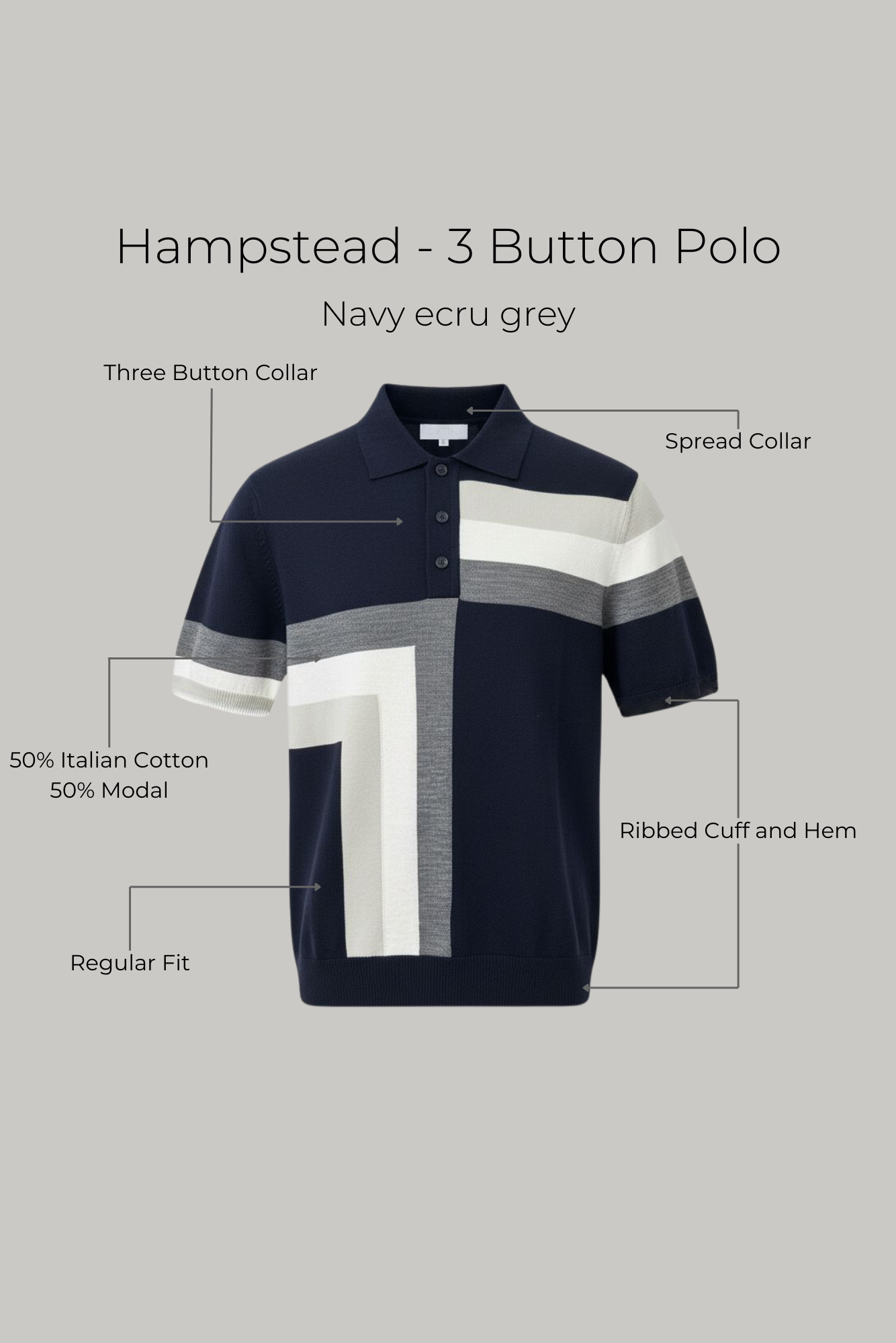Hampstead - 3 Button Polo - Navy ecru grey - Wear London