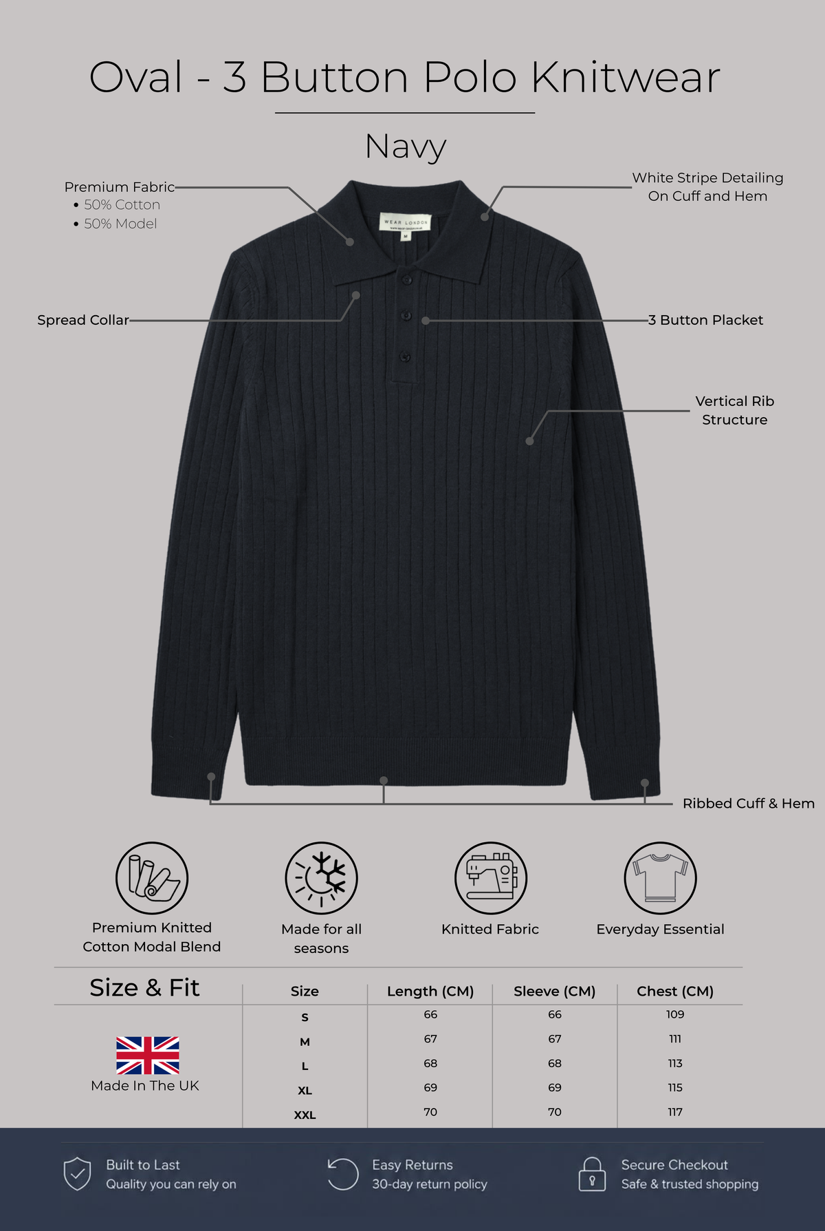 Oval - 3 Button Polo Knitwear - Navy - Wear London